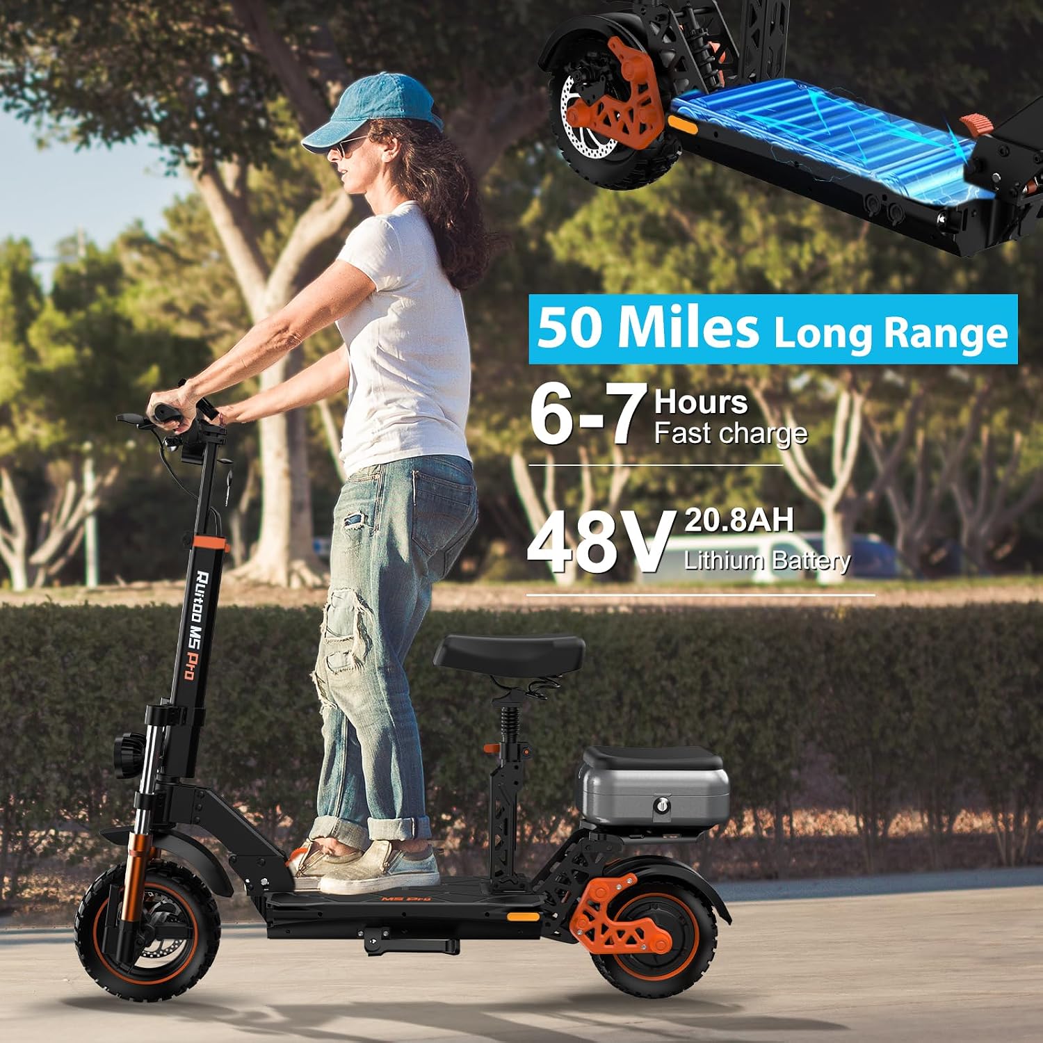 Electric Scooter Adults, 1600 W Motor Up to 50 Miles Range & 40 MPH Top Speed, 10' Off Road Tire Folding E-Scooter with Detachable Seat for Teen Commuting (UL 2272tested)