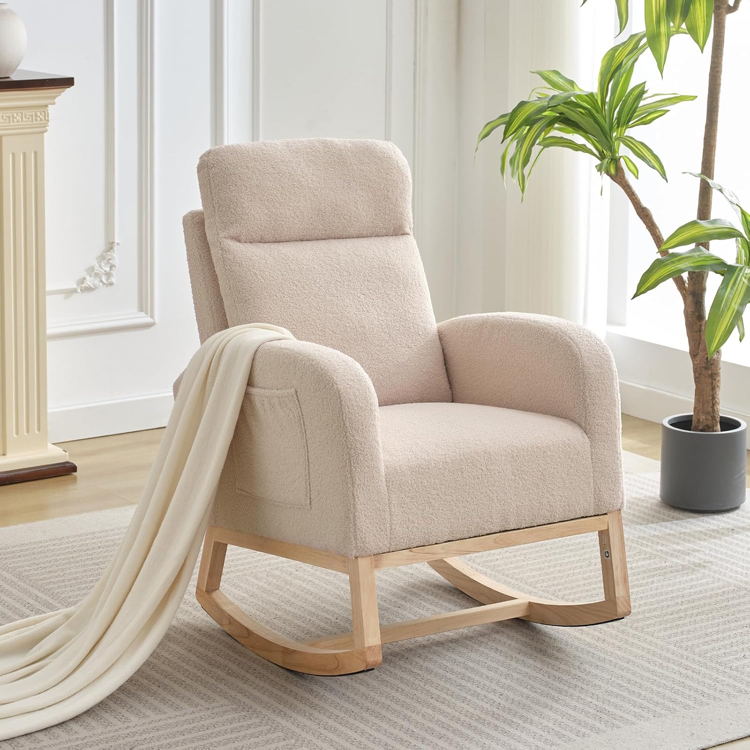 IDEALHOUSE Nursery Rocking Chair, Upholstered Glider Rocker with High Back & Side Pocket, Comfy Nursing Chair for Breastfeeding, Padded Nursery Armchair for Baby Room, Bedroom & Living Room