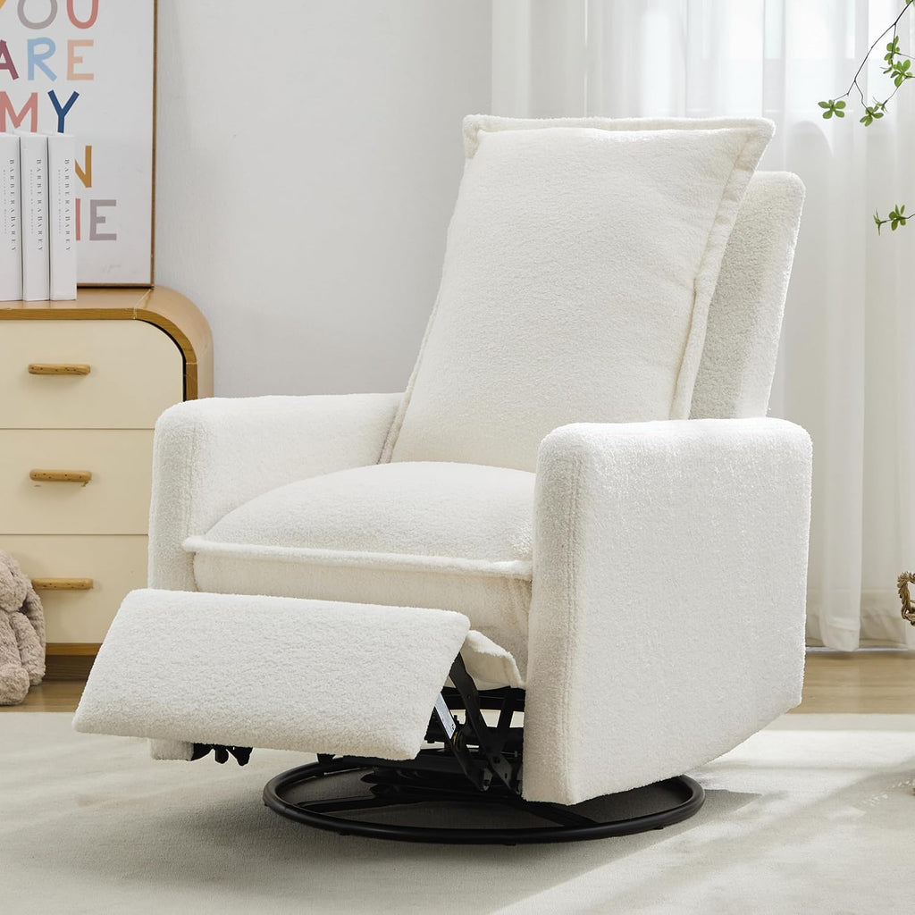 JIVOIT Modern Swivel Rocker Recliner Chair, Linen Fabric Glider Rocker Recliner, Rocking Chair Nursery with Backrest and Footrest, Single Reclining Sofa for Living Room Bedroom Apartment (White/68)