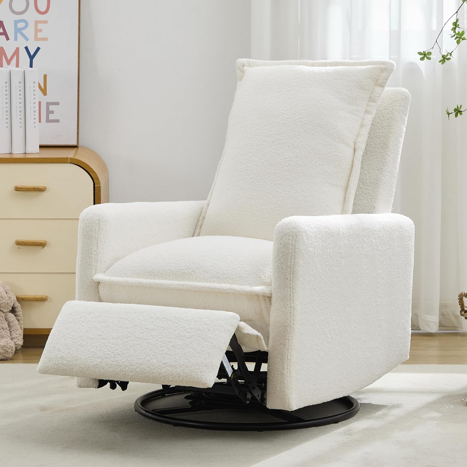 JIVOIT Modern Swivel Rocker Recliner Chair, Linen Fabric Glider Rocker Recliner, Rocking Chair Nursery with Backrest and Footrest, Single Reclining Sofa for Living Room Bedroom Apartment (White/68)