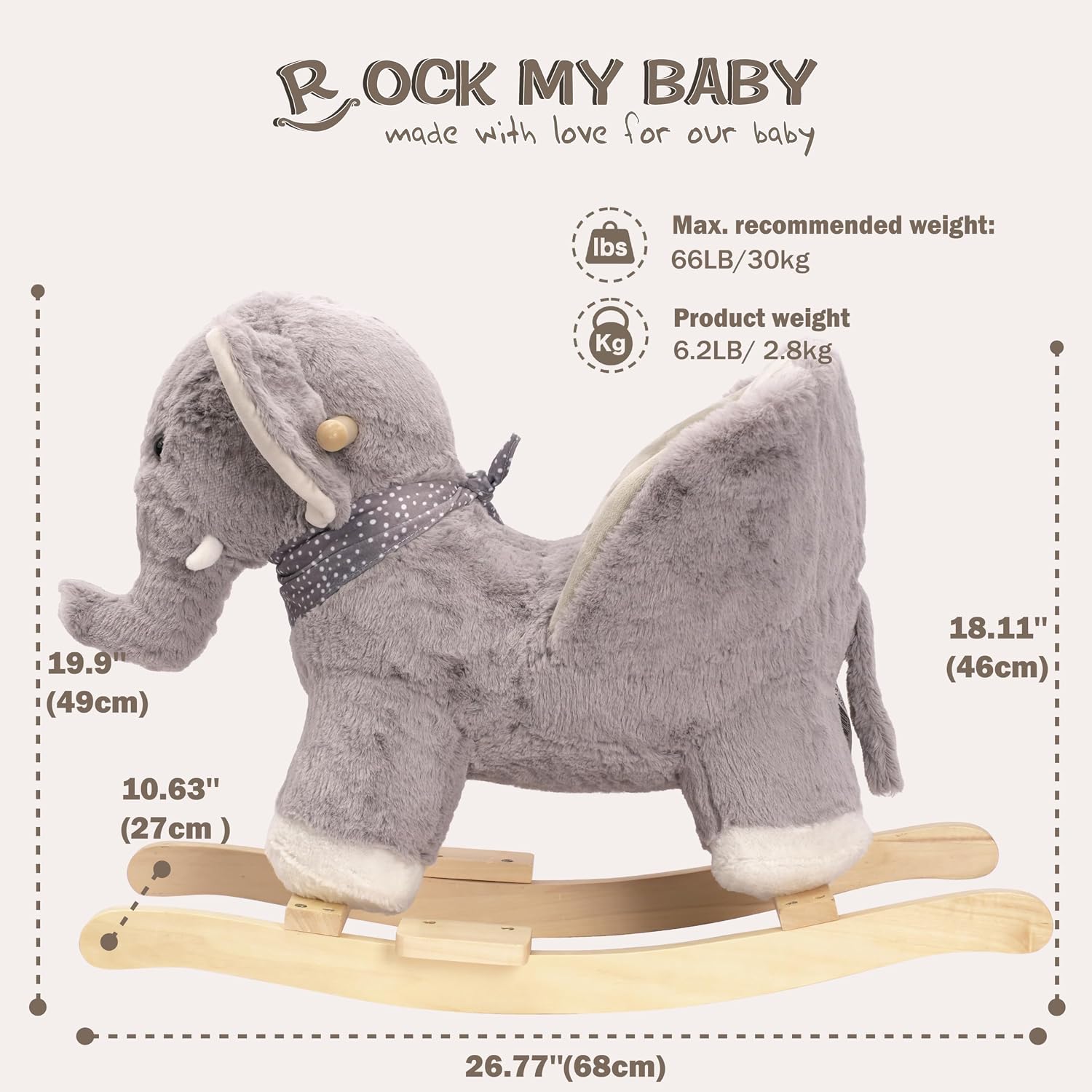 Baby Rocking Elephant, Plush Toddler Rocker with Music & Safety Seat, Sturdy Wooden Ride-On Toy for 1-3 Years, Soft Animal Rocking Horse, CPC Certified (Gray Elephant)
