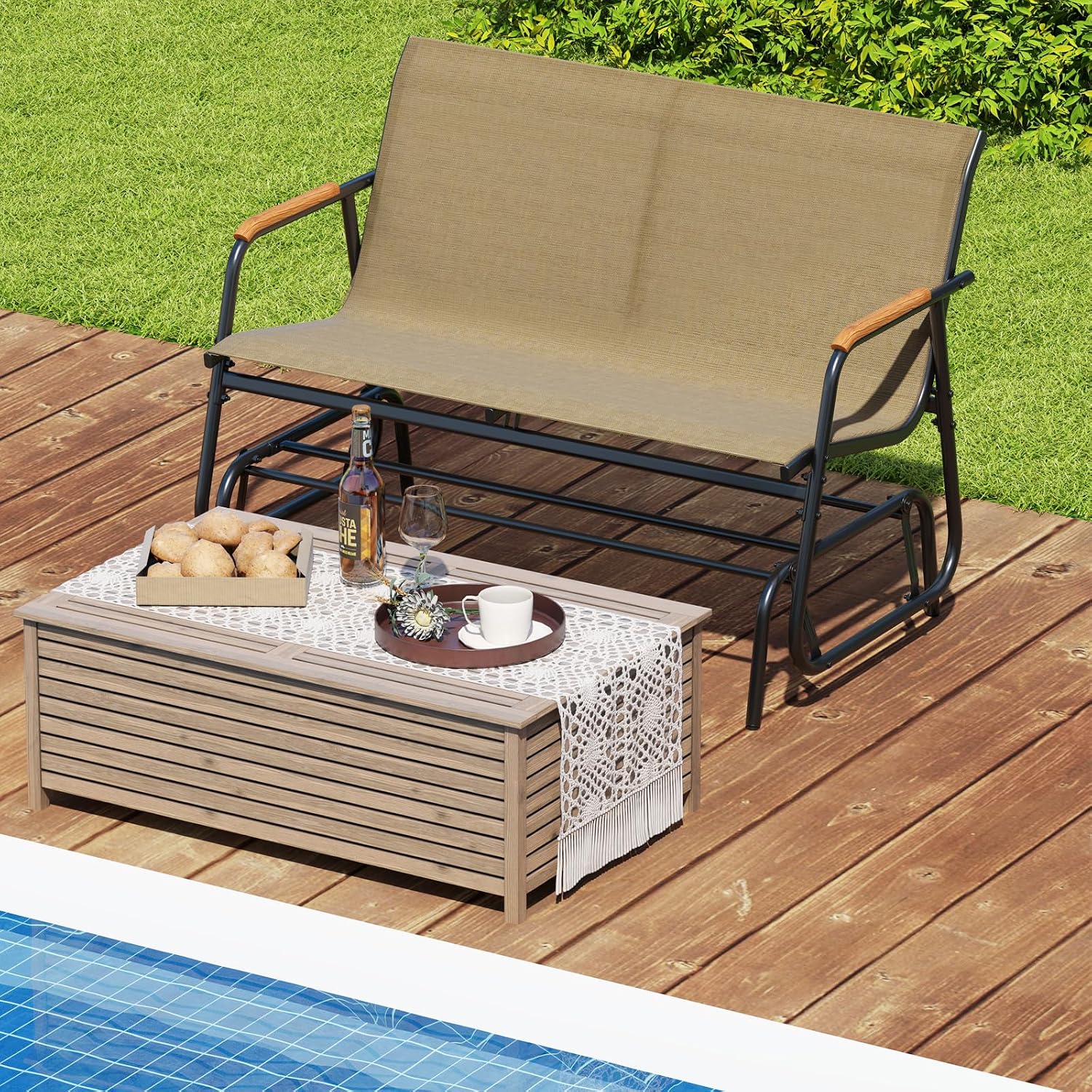 Giantex Patio Glider Bench, 2-Person Swing Gliding Loveseat with Curved Teak Armrests, Fabric Seat, Metal Frame, Load 660lbs, Outdoor Rocking Chair for Porch, Yard, Poolside (29'x45'x33')