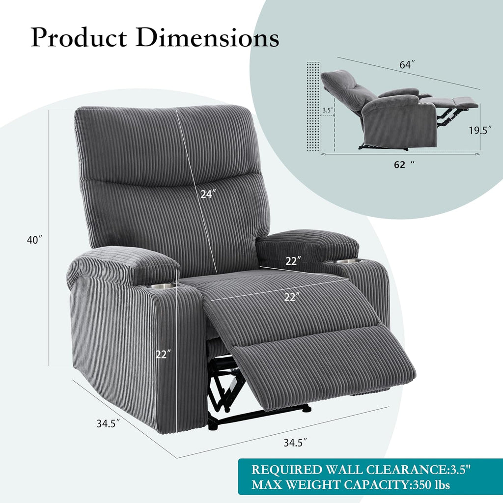 Manual Recliner Chair with Pull Ring, 3 Position 140° Reclining Sofa for Living Room, Nursery, RV, and Office,Oversized Recliner Chairs for Adults(Grey Corduroy Fabric)