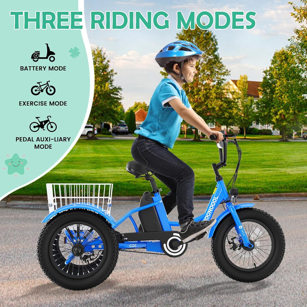 LILYPELLE Electric Tricycle for Youth, 250W Aluminum Frame Electric Tricycle Etrike, 16IN 3 Wheels Electric Bicycle Bikes, 3.0 Fat Tire Electric Trike with Removable Battery and Rear Basket