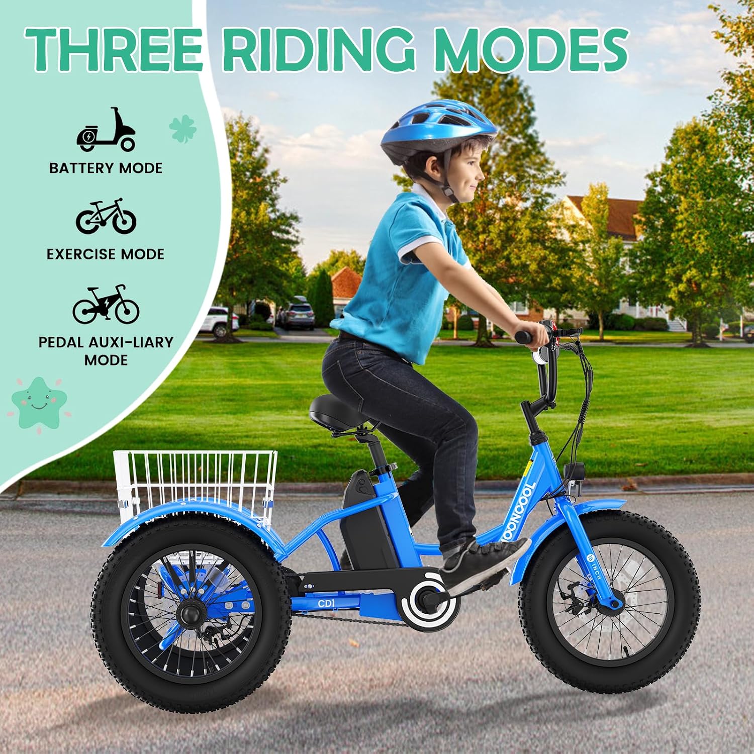 LILYPELLE Electric Tricycle for Youth, 250W Aluminum Frame Electric Tricycle Etrike, 16IN 3 Wheels Electric Bicycle Bikes, 3.0 Fat Tire Electric Trike with Removable Battery and Rear Basket