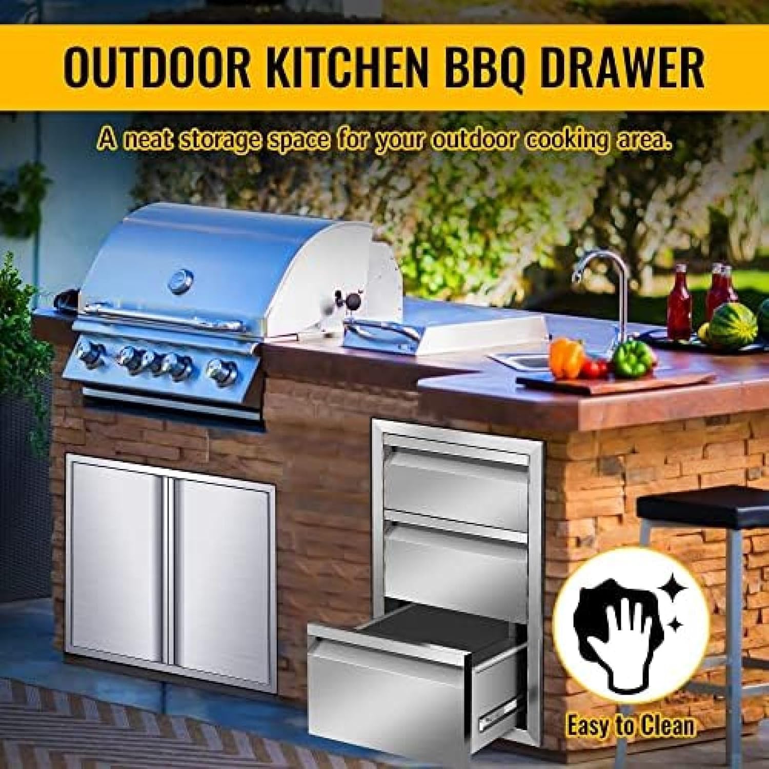 Outdoor Kitchen Drawer Stainless Steel BBQ Triple Drawer Flush Mount for Outdoor Kitchen Island,-14W X 21H X 23D Inch