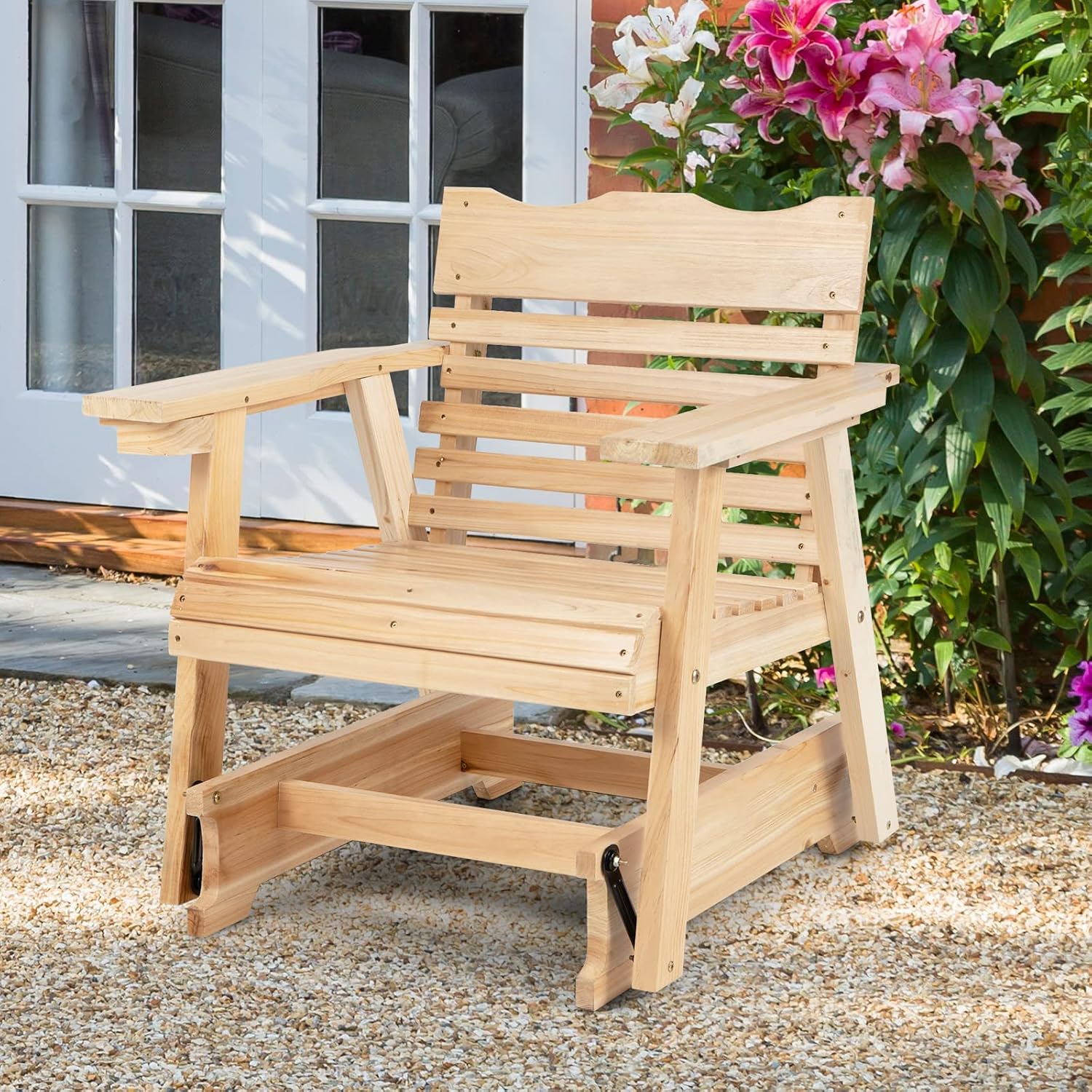 Giantex Outdoor Glider Rocking Chair - Set of 2 Wood Porch Rocker with High Back, Widened Armrests, Curved Seat, Rotatable Cup Holder, Patio Slat Rocking Chair for Yard, Balcony, Poolside, Natural