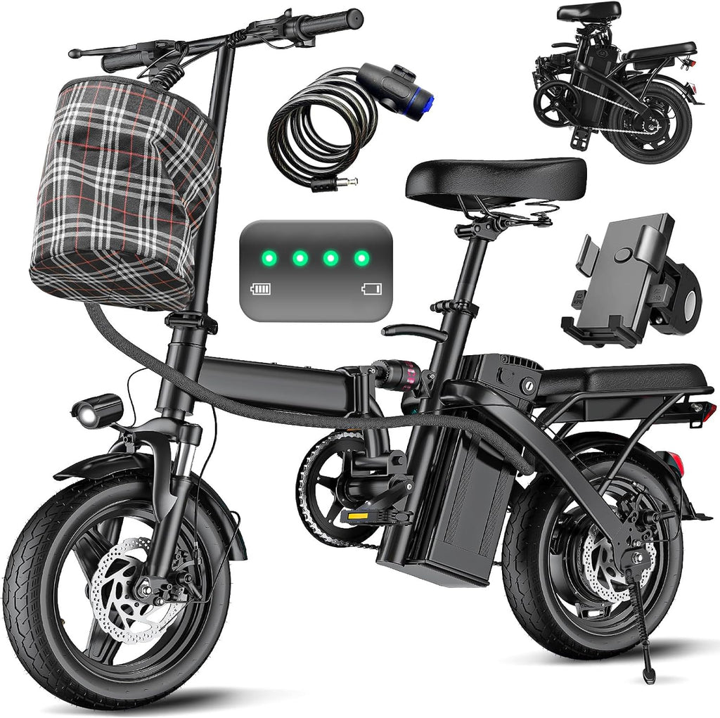 Electric Bike for Adults Teens, Folding Ebike,Commuter City Foldable E Bike with 560W Motor and 48V 10Ah Battery, 24MPH Speed Pedals Assist, Dual Disc Brakes,14' Compact Electric Bicycle with Basket