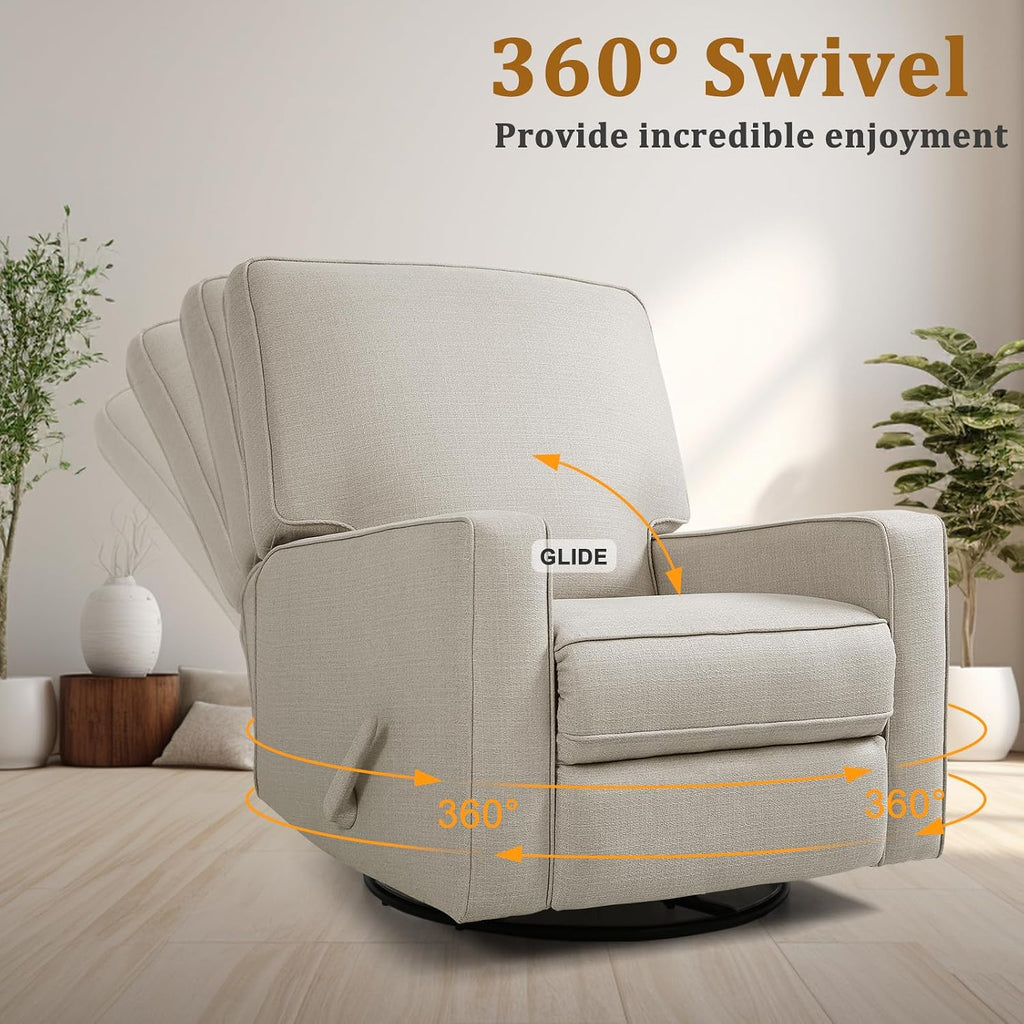 Swivel Rocker Recliner Chair for Adults, High Back Fabric Recliner with Deep Seat, Manual Glider for Living Room & Nursery, Beige