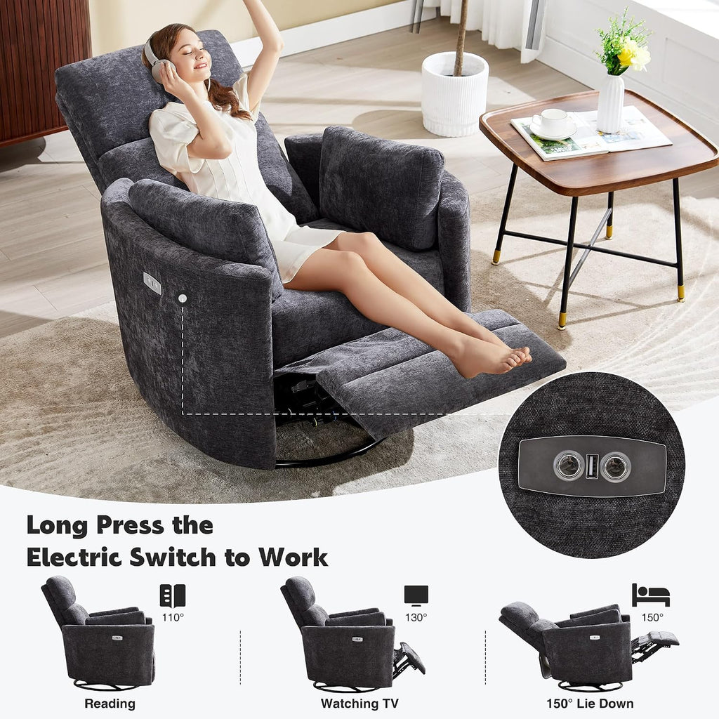 Power Recliner,Nursery Swivel Rocking Glider Chair with USB Port,Electric Upholstered Adult Recliner Rocking Chair with 2 Pillows for Living Room Bedroom (Drak Grey, Power-Driven)