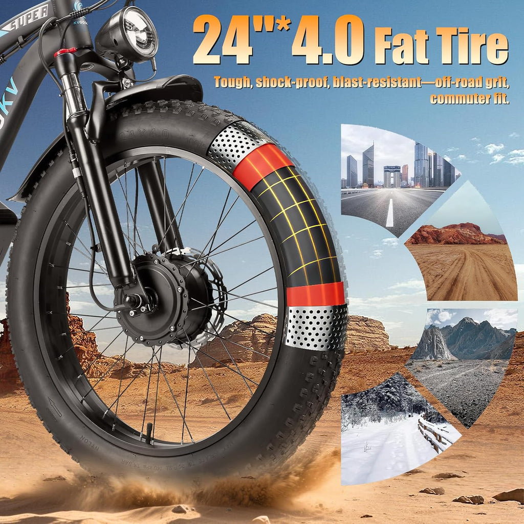 9000W Peak Dual Motor Ebike,58V Max-Output 1972Wh Electric Bike for Adults,44-47MPH Fast Ebike,Long Range Battery Up to 105 Miles,24'×4.0 Fat Tires Electric Mountain Bike for Snow Off-Road