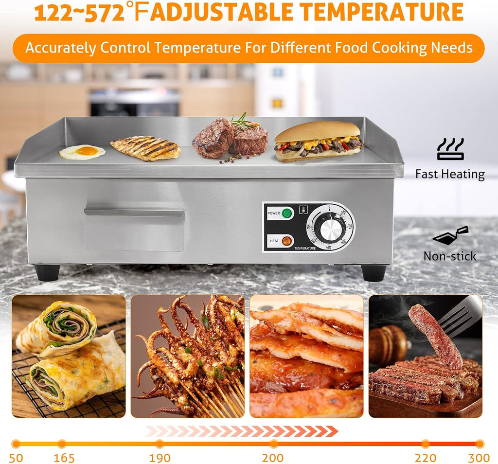 WICHEMI Commercial Electric Griddle 22' 3000W Flat Top Grill Countertop Griddle Stainless Steel Teppanyaki Grill w/Iron Cooking Plate for Restaurant Kitchen, 110V