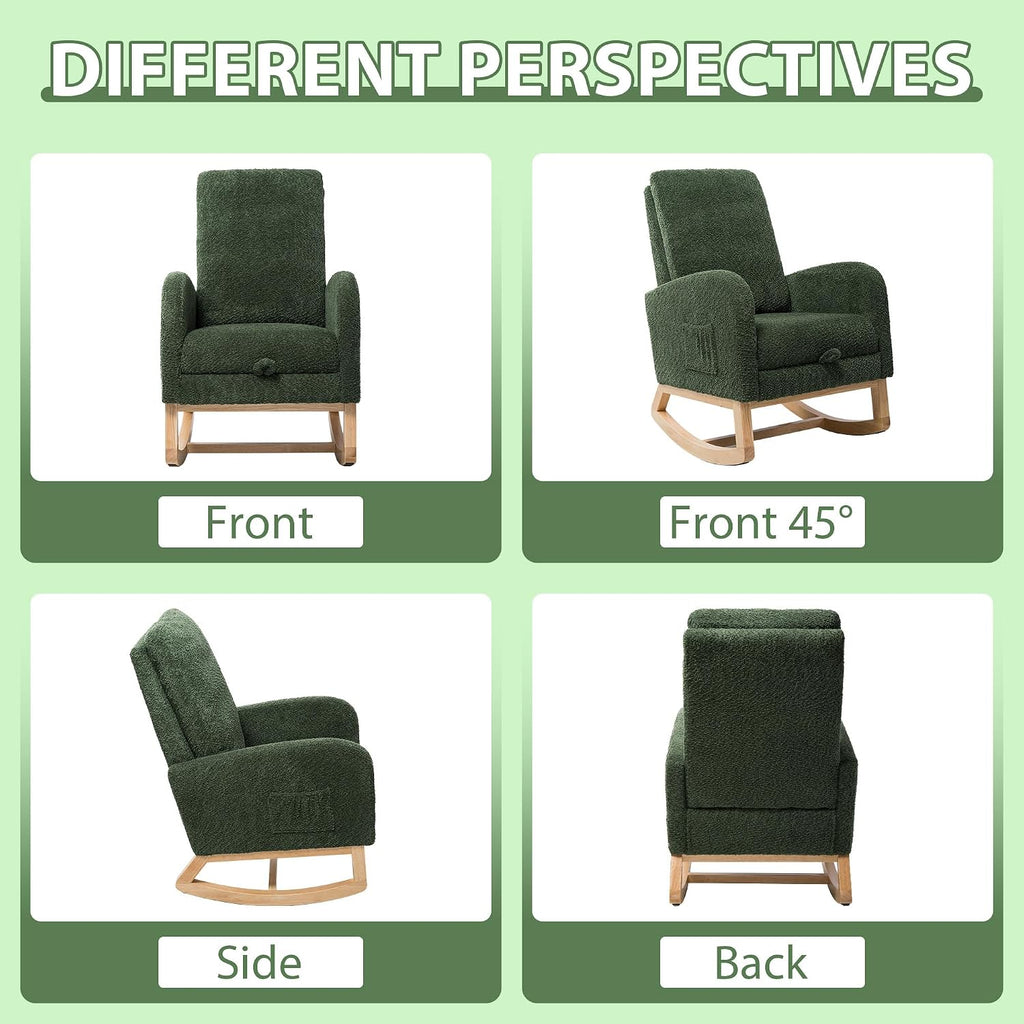 Aoiy & Wifon Rocking Chair Nursery, Modern Nursery Rocking Chairs with Side Pocket & Footrest, Upholstered Rocking Chair Nursery Glider, Boucle, Green