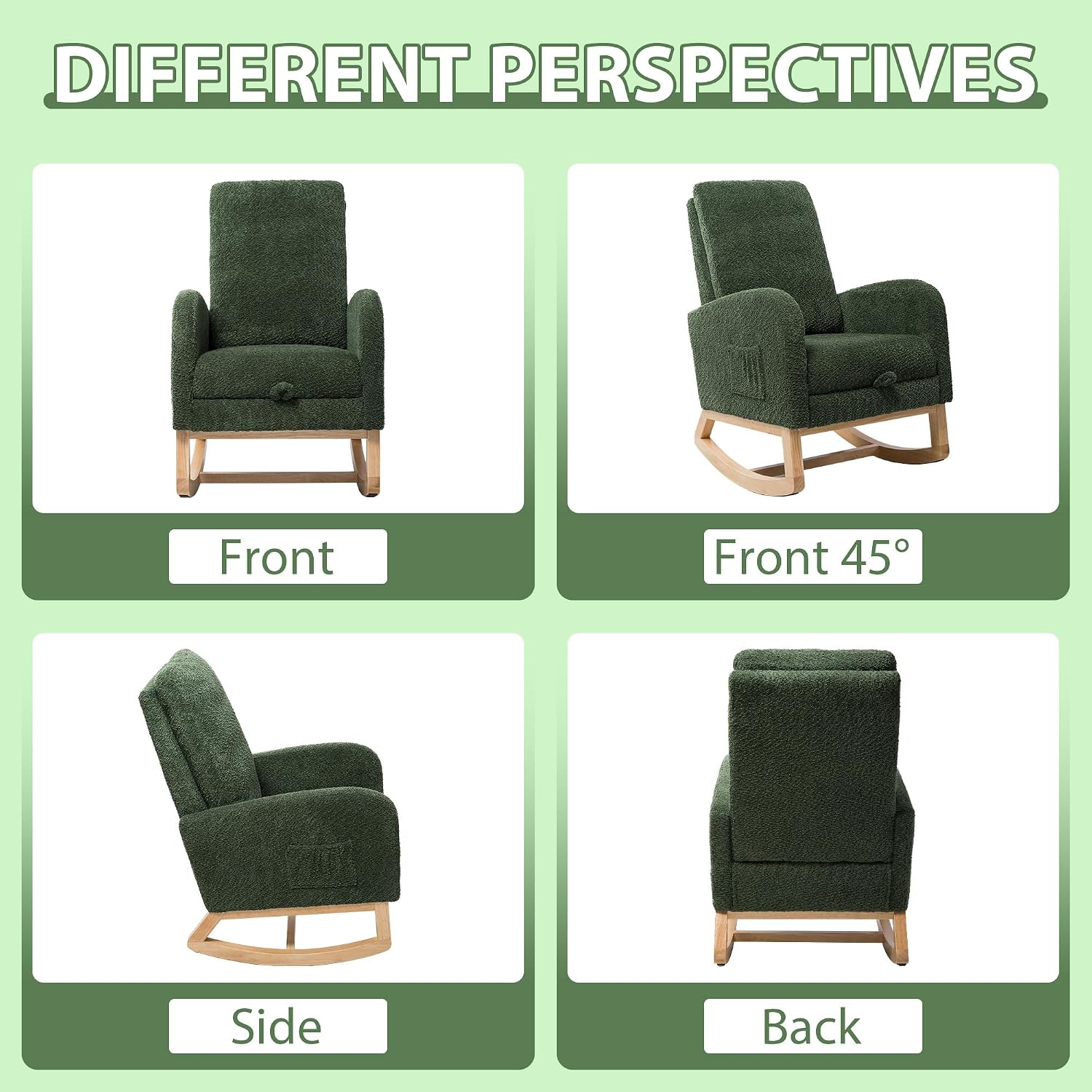 Aoiy & Wifon Rocking Chair Nursery, Modern Nursery Rocking Chairs with Side Pocket & Footrest, Upholstered Rocking Chair Nursery Glider, Boucle, Green