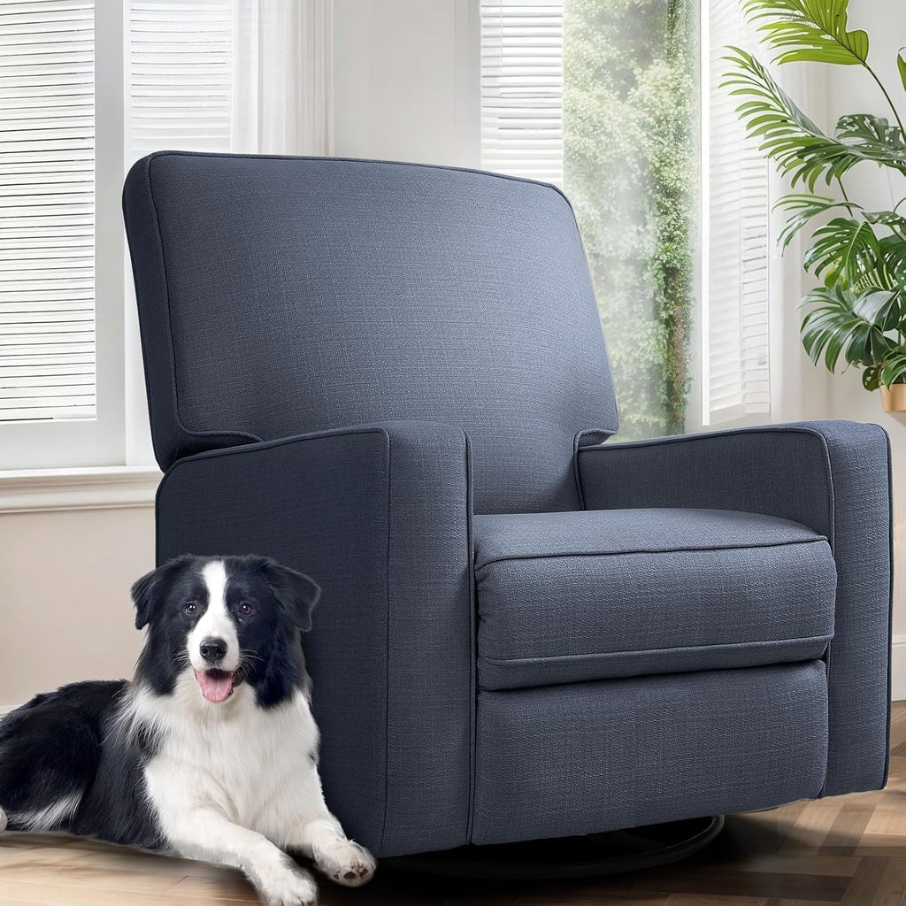 Swivel Rocker Recliner Chair for Adults, High Back Fabric Recliner with Deep Seat, Manual Glider for Living Room & Nursery, Blue