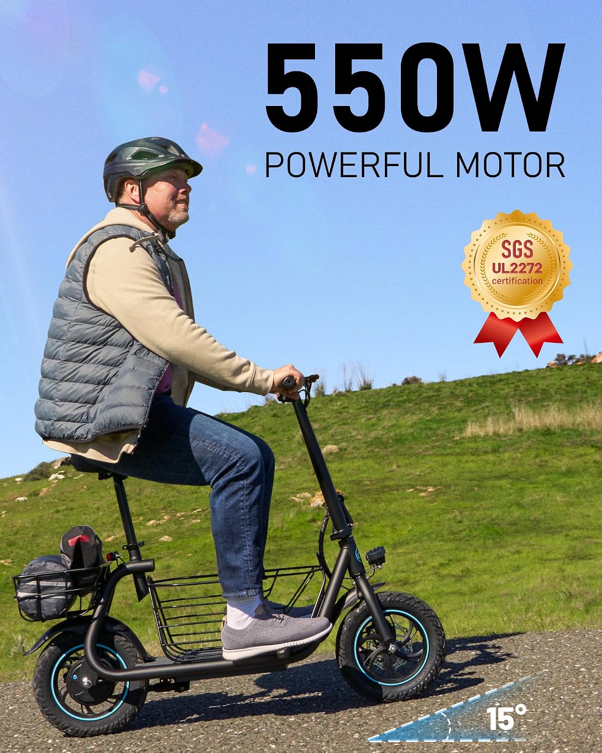URBANMAX Electric Scooter with Seat for Adult,550W Motor,Up to 18.6 MPH,Max Range 20 Miles,Includes Ample Storage Basket for Pets Dogs Items