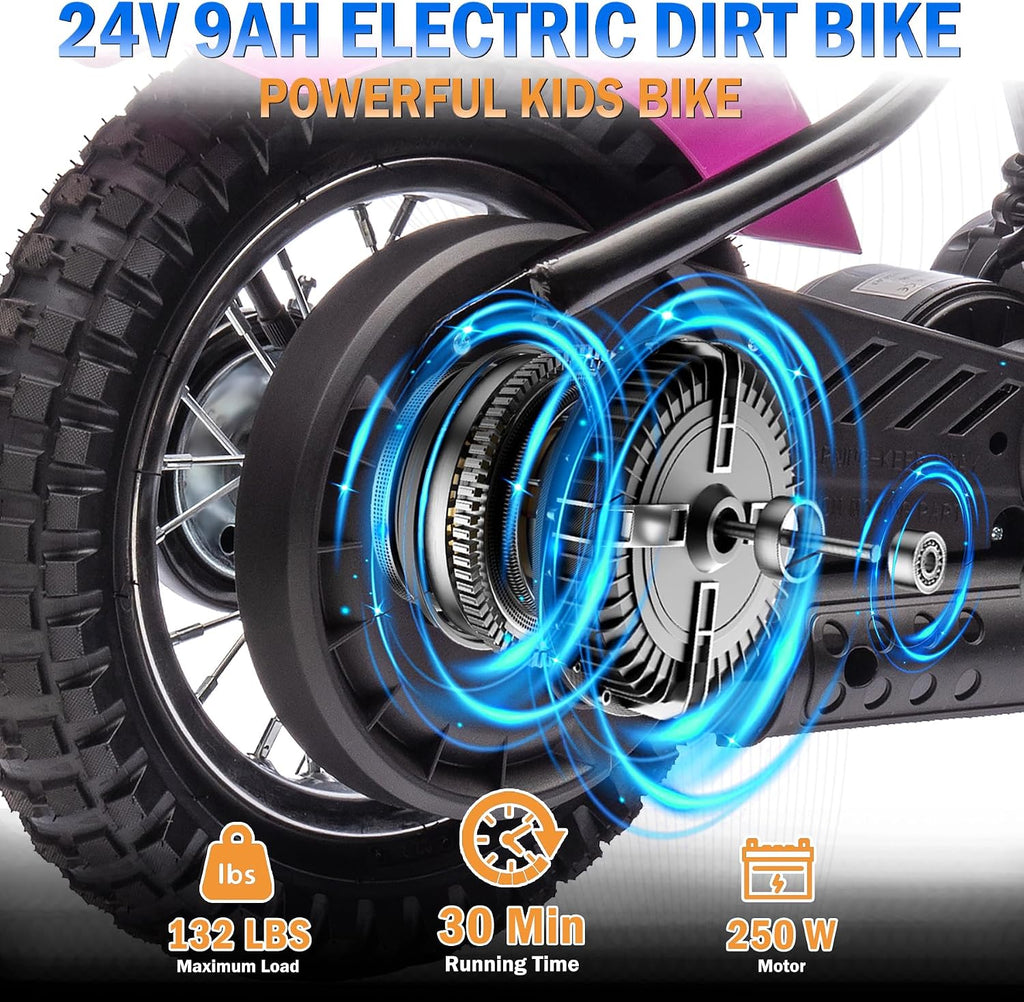 24V 9AH Electric Dirt Bike for Kids, 250W Strong Motor 13.6MPH Fast Speed Electric Retro Off-Road Motorcycle, Leather Seat Dirt Bike, LED Lights, Air-Filled Tires, Pink