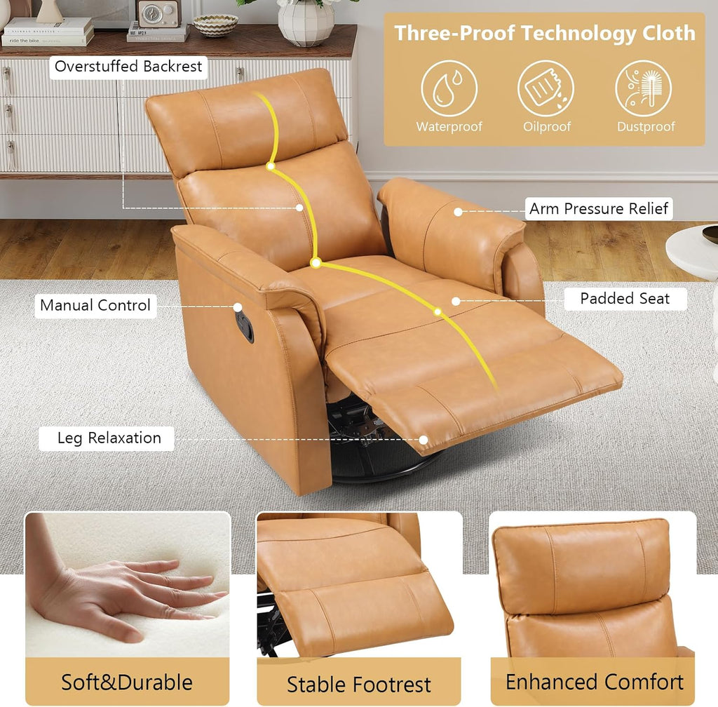 ANJ Manual Recliner Chair, Swivel Rocker Chair for Adults，Glider Recliner Nursery Chair,Faux Leather Lazy Boy Reclining Chairs for Living Room, Bedroom, Home Office
