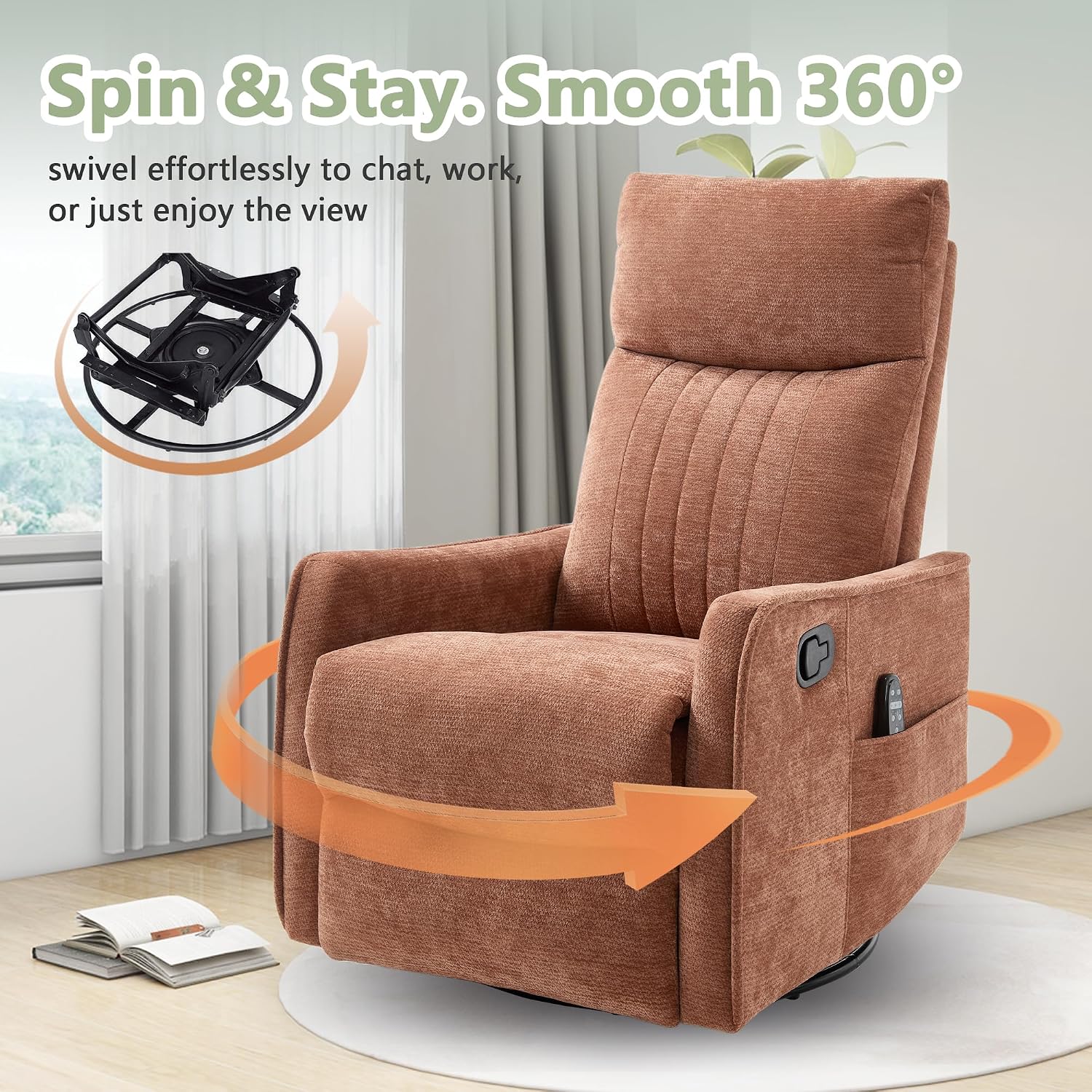 cinkehome Heated Massage Swivel Rocker Recliner Chair for Nursery - Small Space Reclining Chair with Lumbar Support, 360° Swivel & Gentle Rocking, Ergonomic High Back, Orange Chenille