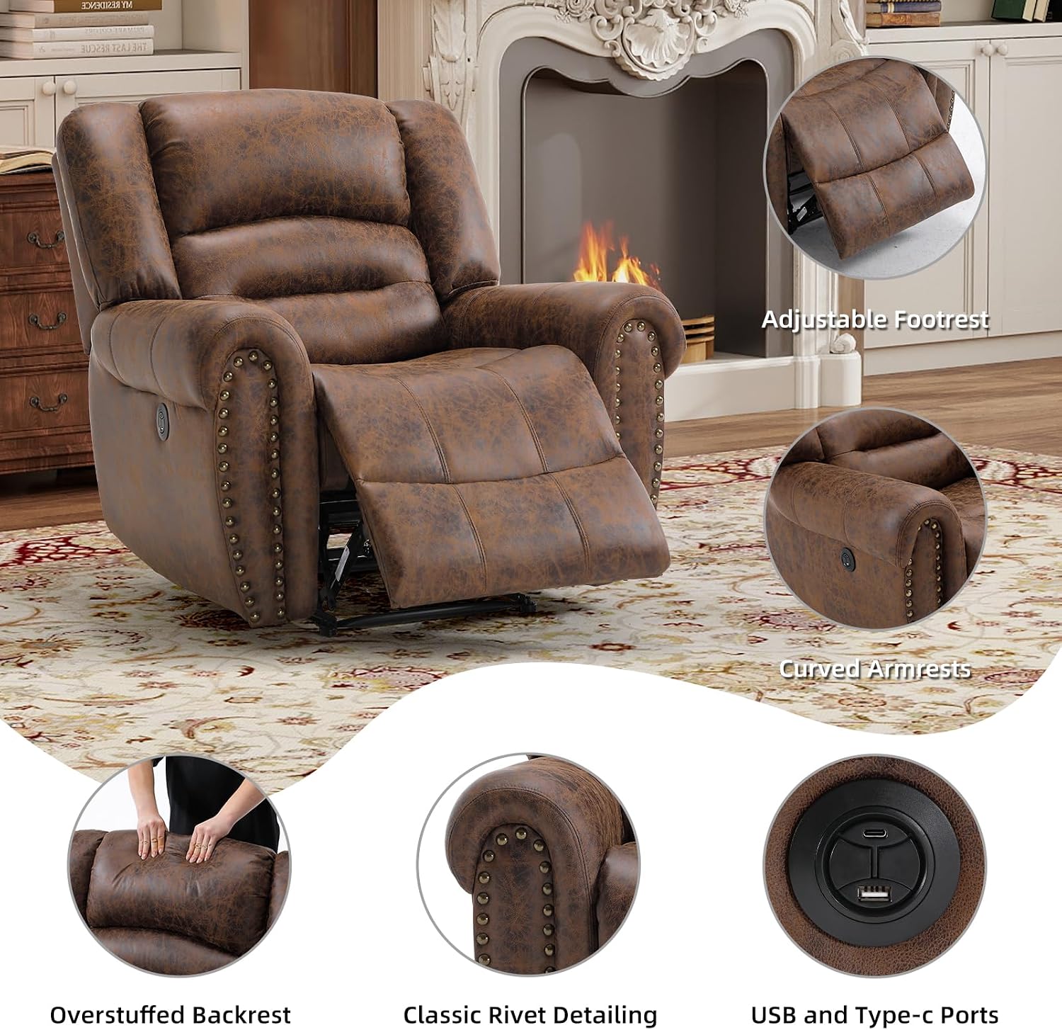 Bonzy Home Power Recliner Chair, Soft Faux Leather Recliner Chair with Thickened Padding and USB&Type-C Charging Ports, Classic Heavy Duty Single Reclining Sofa for Living Room, Nut Brown