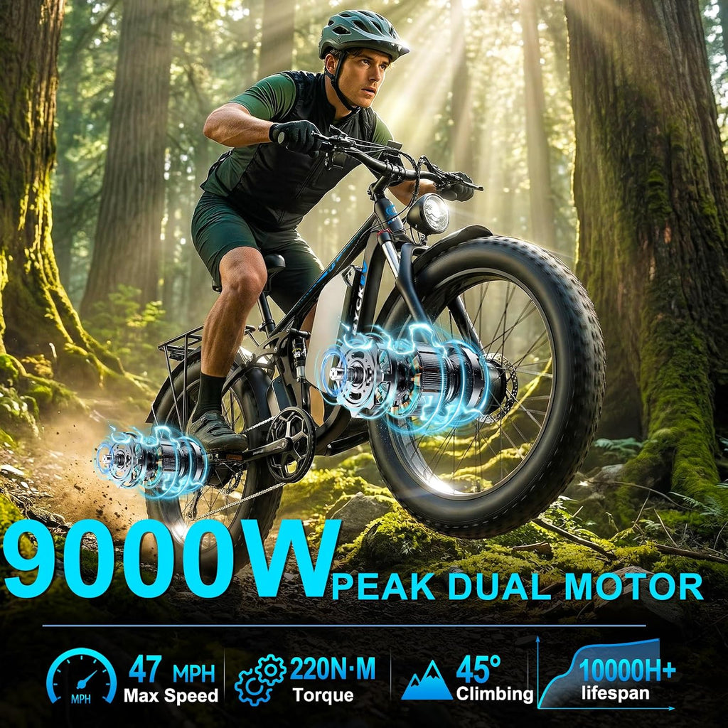 9000W Peak Electric Bike for Adults,58V Max-Output 1856Wh Dual Motor Ebike,34Ah Battery 47MPH Up to 105Miles Fast 24' x4.0 Fat Tire Ebike,Full-Suspension Mountain E-Bike for Beach Snow
