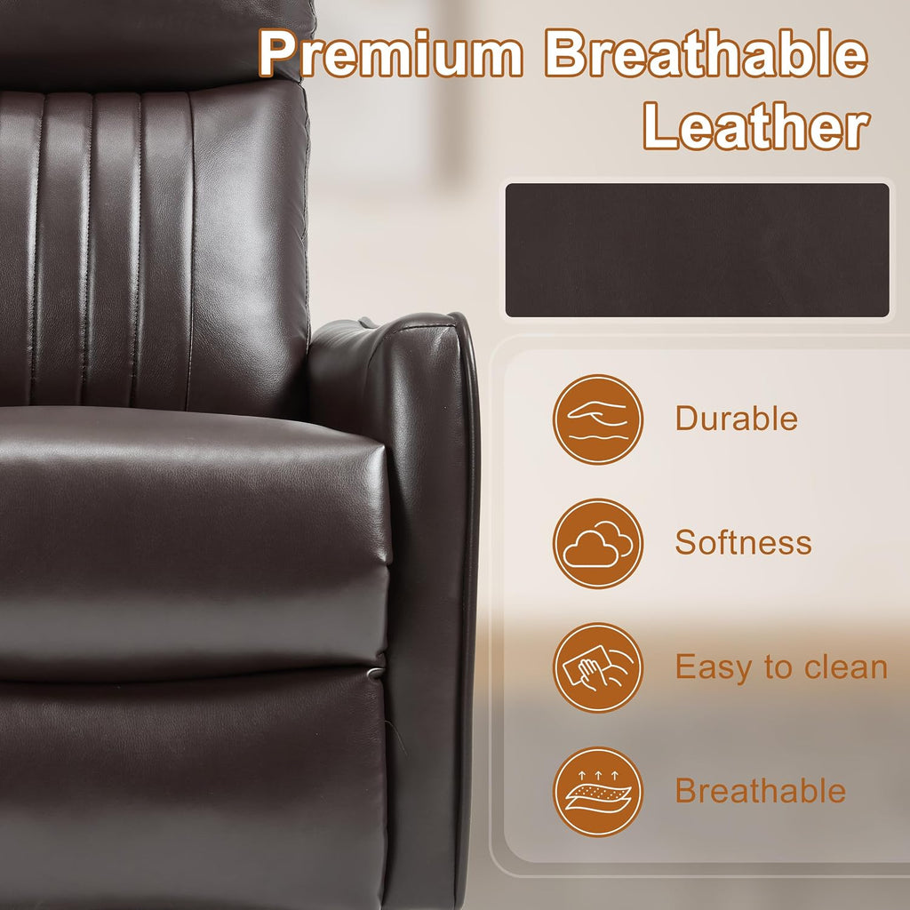 Manual Swivel Rocker Recliner Chair for Adults, Overstuffed Reclining Glider Chair for Nursing with Vibration Massage & Heat, Living Room Rocking Recliner 2-Stage backrest, Faux Leather Dark Brown
