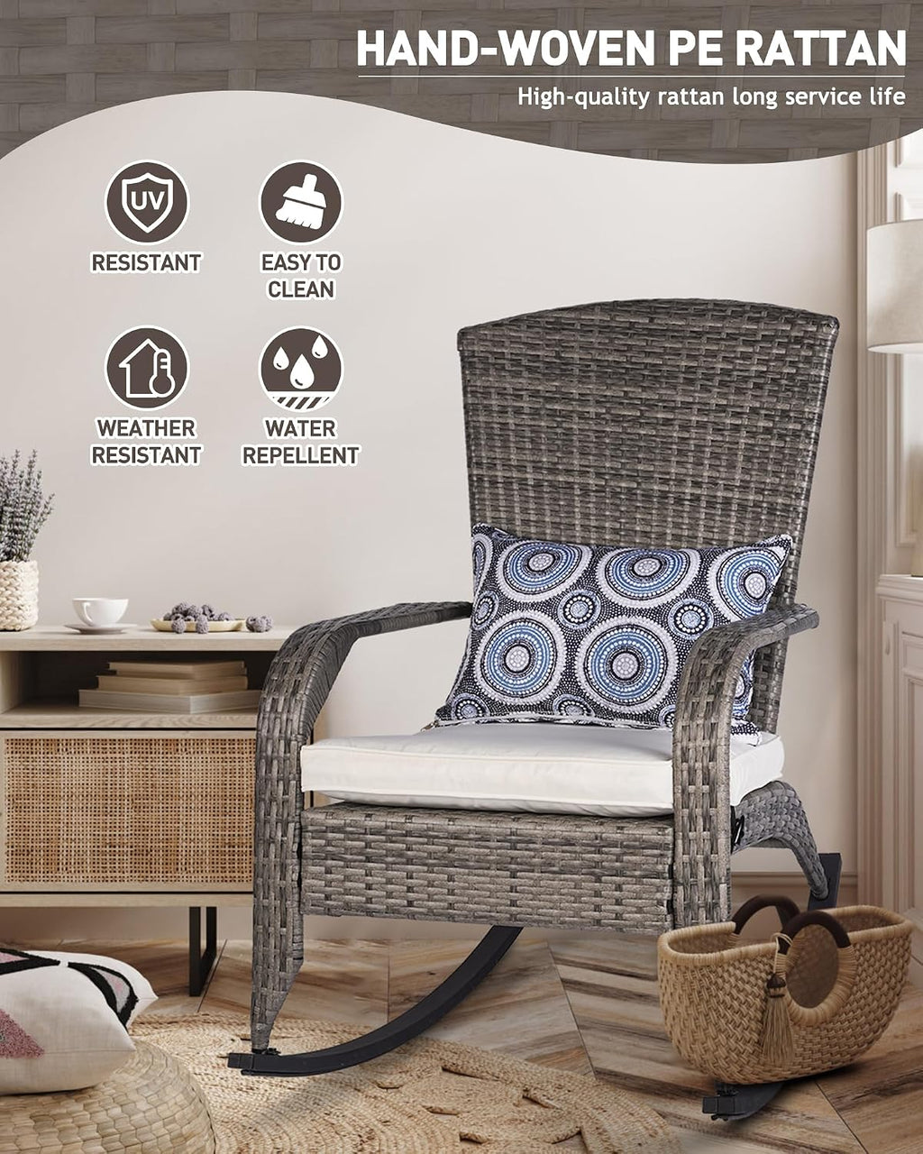 Outdoor Rocking Chair, Patio Rattan Rocker Chair with Cushions & Steel Frame, All Weather Porch Rocking Chair for Garden, Porch, Backyard, Poolside (Grey Rattan & Beige Cushion, 320lbs)
