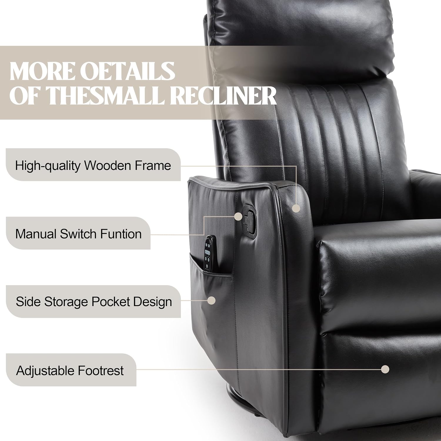 PELUMY 360 Swivel Rocking Recliner Chair for Adults, Nursery Rocking Chair with Heat and Massage, Glider Reclining Chair for Small Space, Living Room, Bedroom, Black, Multiple Line Backrest, Fabric