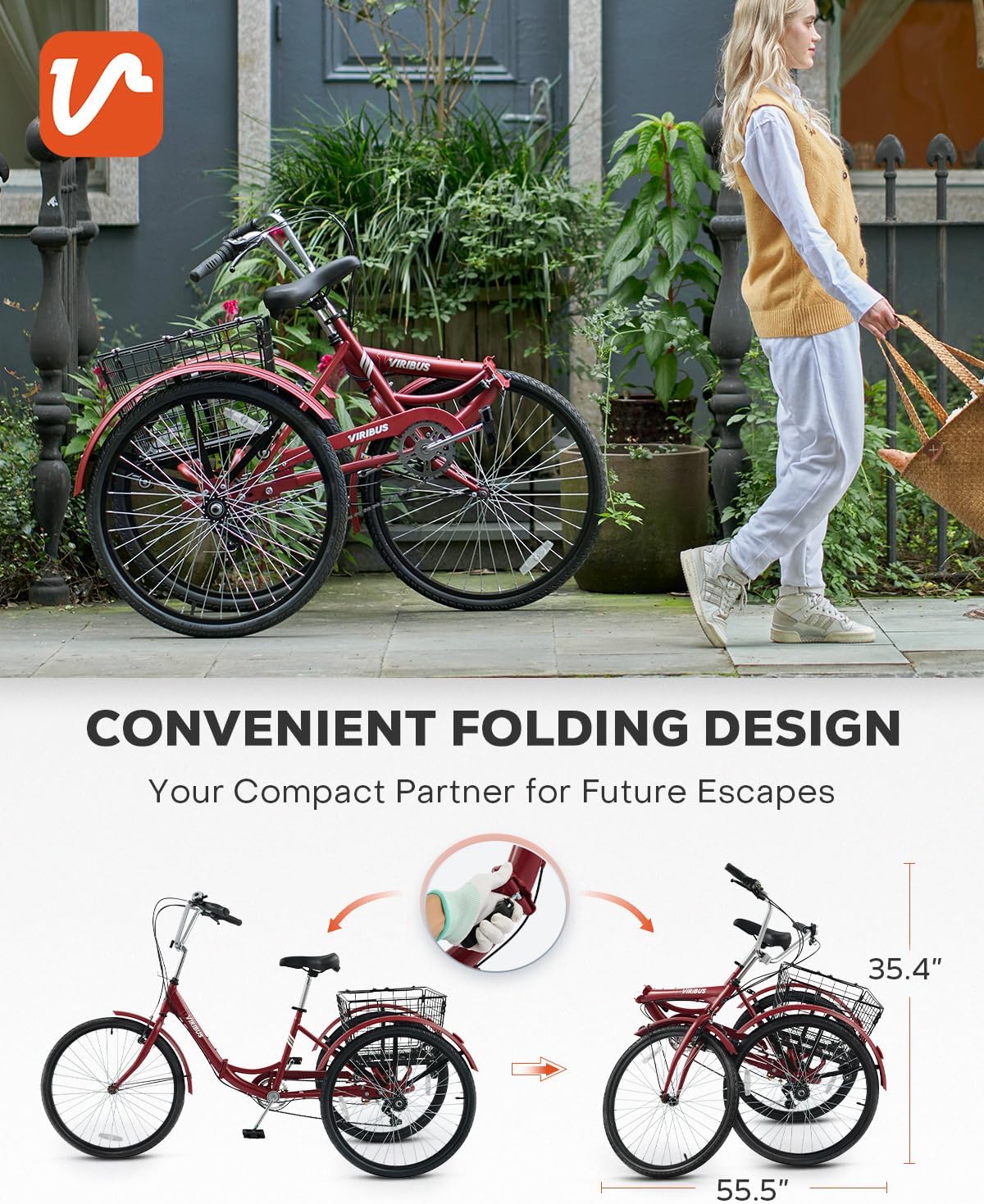 VIRIBUS Folding Tricycle for Adults, 7 Speed Foldable Adult Tricycle with Removable Wheeled Basket, Folding 3 Wheel Bikes for Women Men Seniors 24 26 inch, Collapsible Three Wheeler Trike 330 LB.