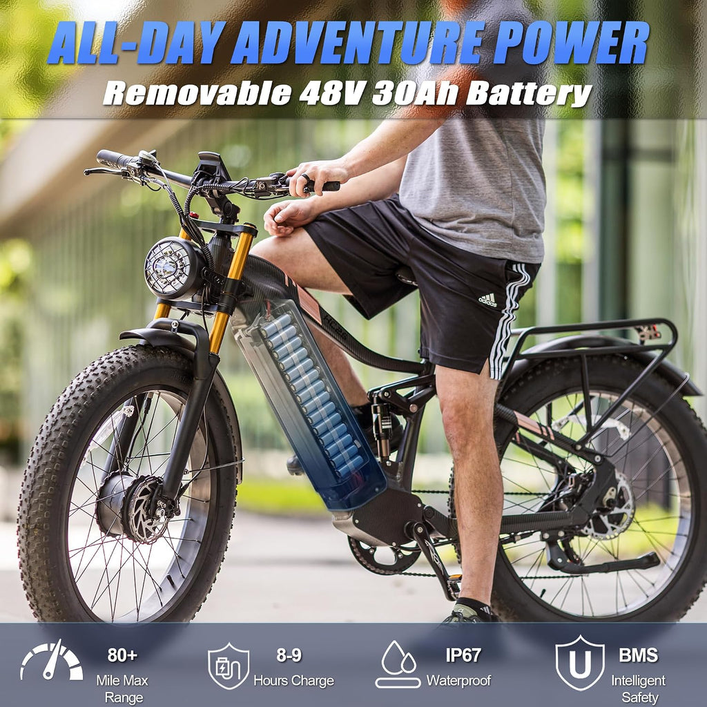 2026 Dual Motor Electric Bike for Adults AWD 5000W/3000W Peak 40 MPH/30 MPH E Dirt Bike, 52V/48V Removable Battery 65/80/150 Miles Max Long Range with Full Suspension 26' Fat Tires Mountain Bike