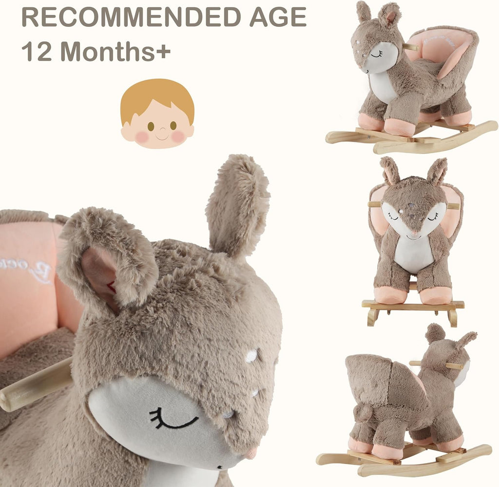 Rock My Baby Rocking Horse Deer with Chair, Plush Stuffed Animal Rocker for Toddlers 1-3, Baby Rocker with Sweet Music, Animal Ride on,Pink Deer,CPC Certified