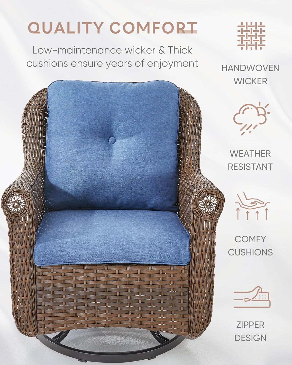 Patio Chairs Outdoor Swivel Glider - Set of 4 High Back Outside Brown Wicker Rattan Rocking Chair with Thick Cushion for Porch Apartment Deck Yard Poolside Garden - Navy Blue
