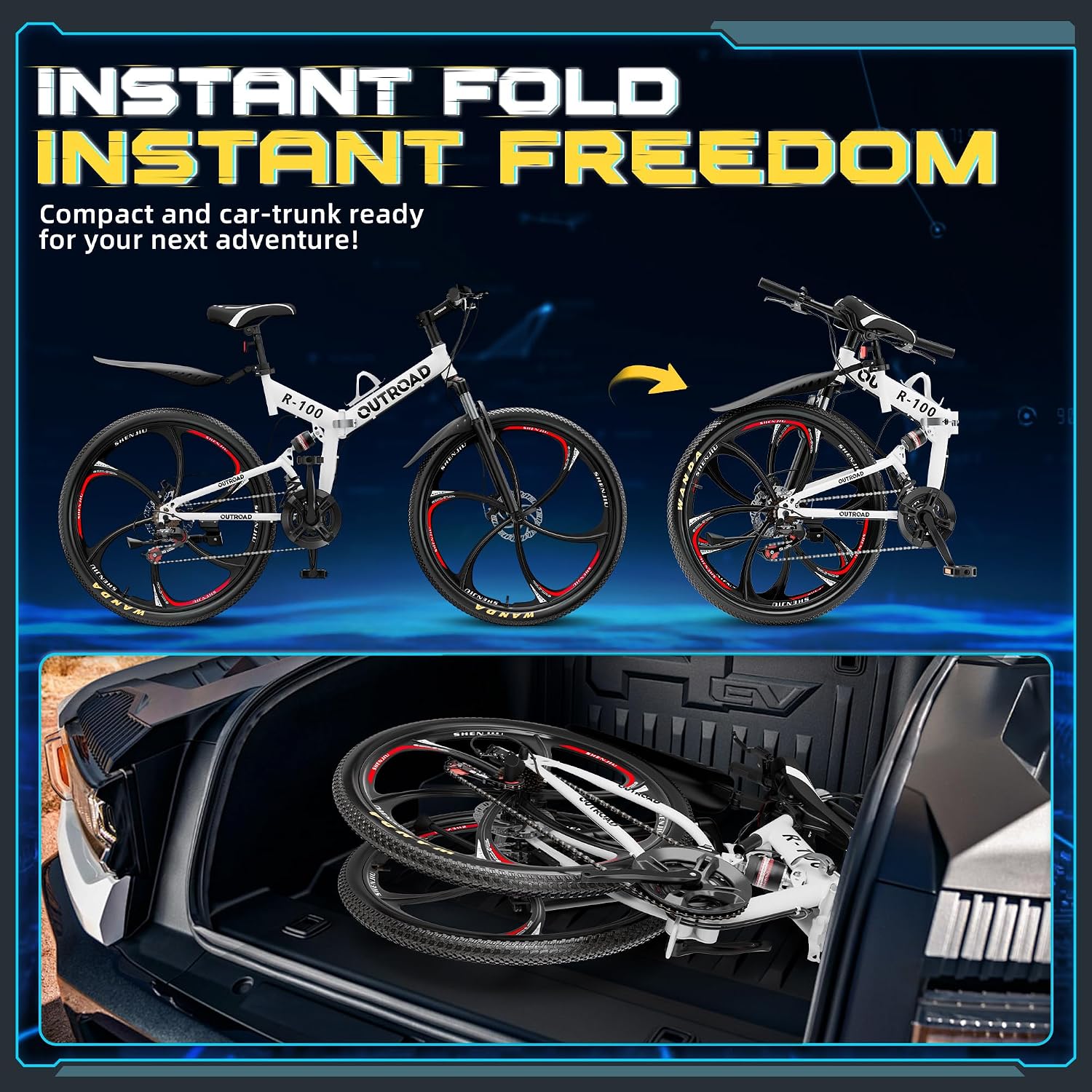 26 Inch Folding Mountain Bike with High Carbon Steel, 21 Speed City Bike with Dual Suspension, Folding Bicycle for Adults Men and Women