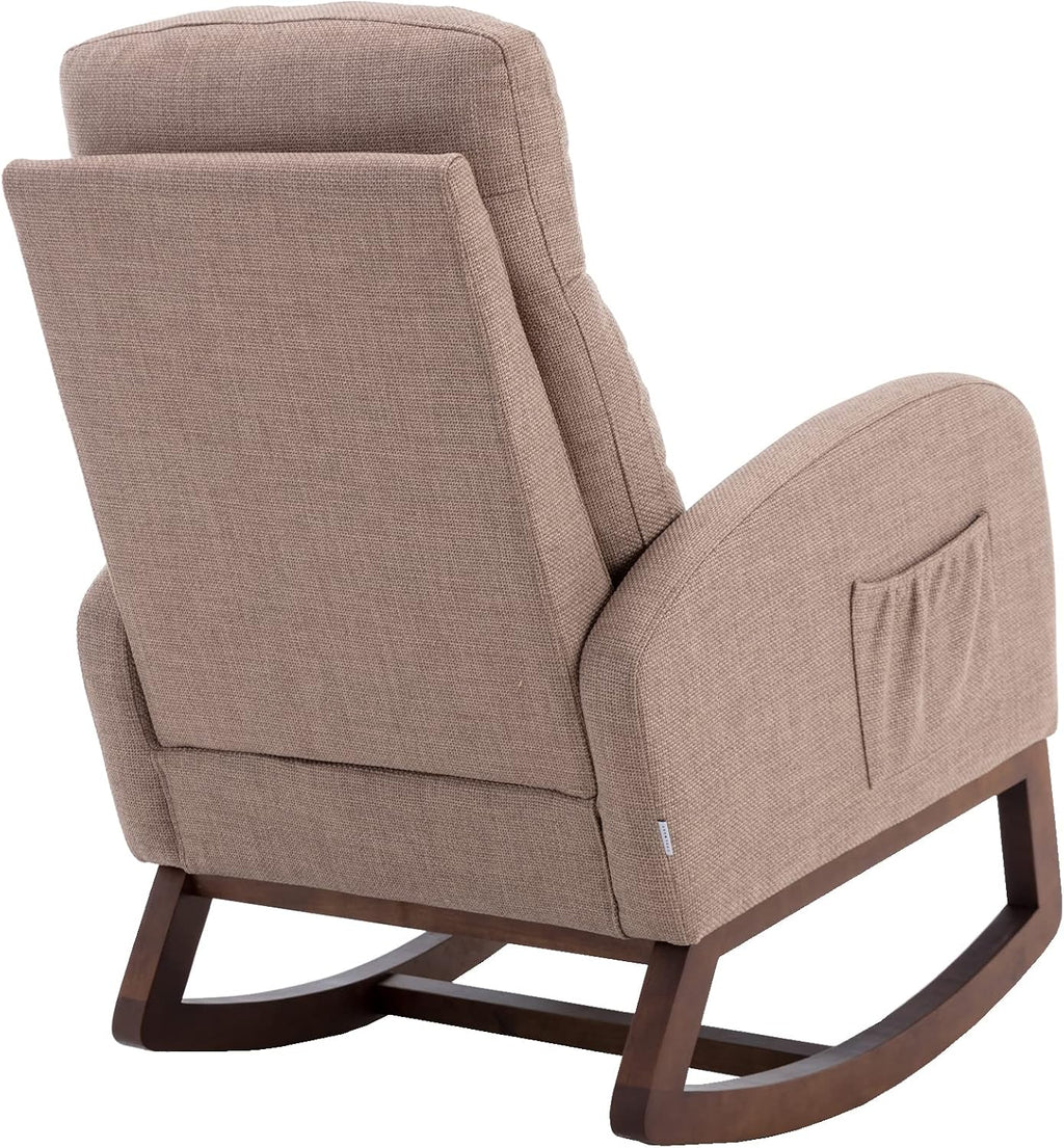 Modern Rocking Chair with Breathable Yellow Linen & Solid Wood Legs - Recliner Glider Armchair Featuring Side Pocket, High Back Support for Nursery, Living Room, Bedroom (Camel)