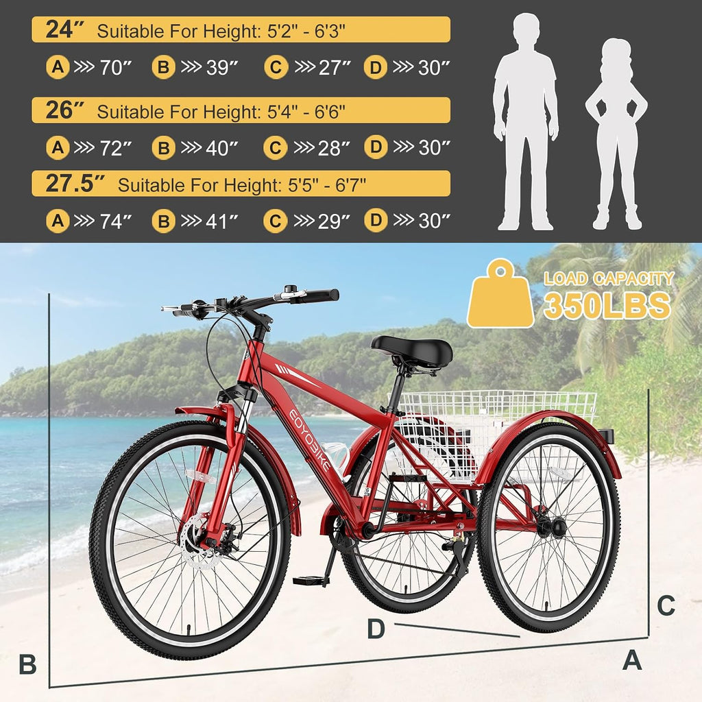 NAIZEA Adult Mountain Tricycle, 7 Speed Three Wheel Cruiser Bike, 27.5 Inch Adults Trikes with Shopping Basket, Exercise Men's Women's Tricycles, Multiple Colors