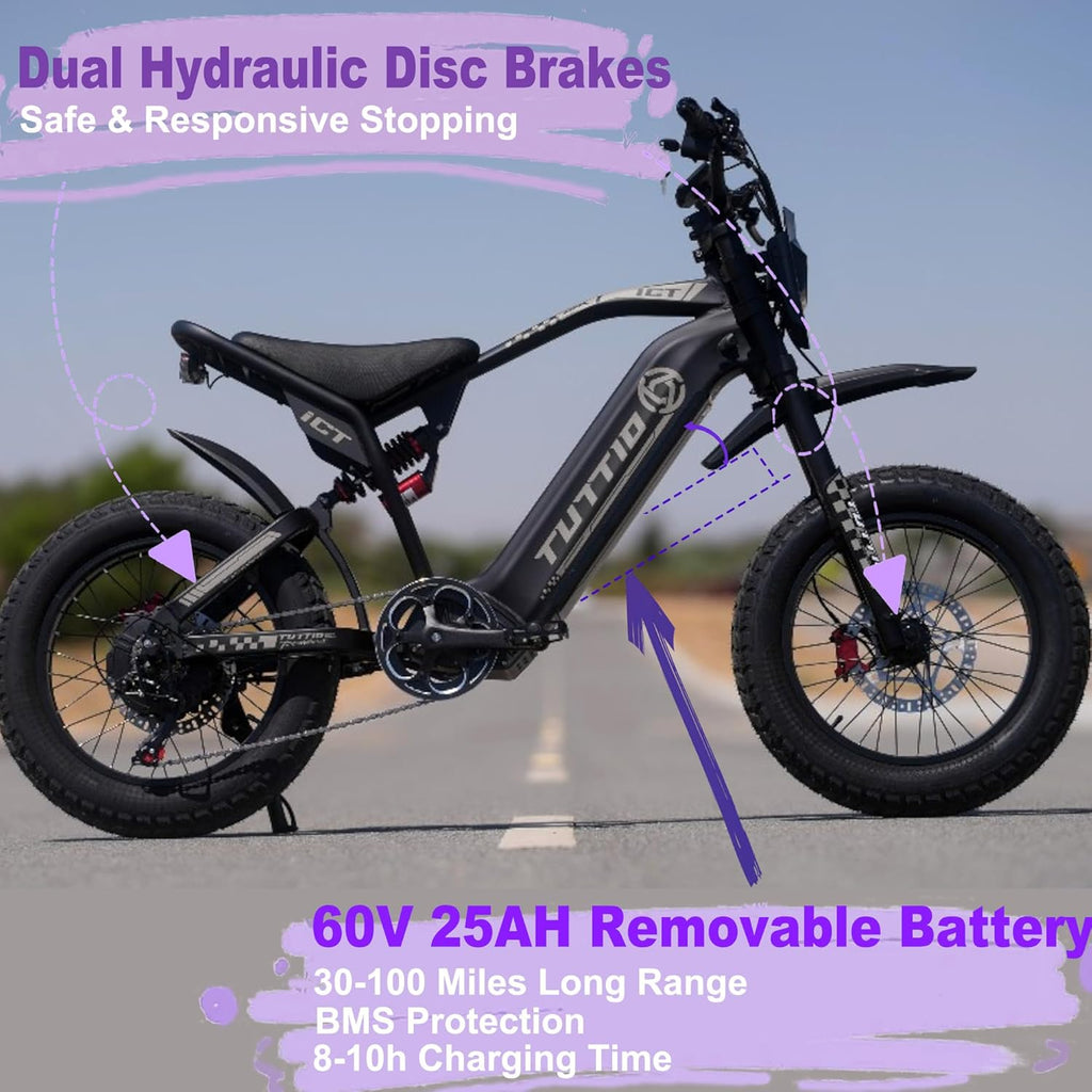 Tuttio ICT Electric Bike for Adults Teens Age 16+, 4000 Peak 50MPH 60V 25AH Electric-Dirt-Bike, 20' Fat Tire Electric Motorcycle, Full Suspension E-Bike for Mountain Off-Road Snow