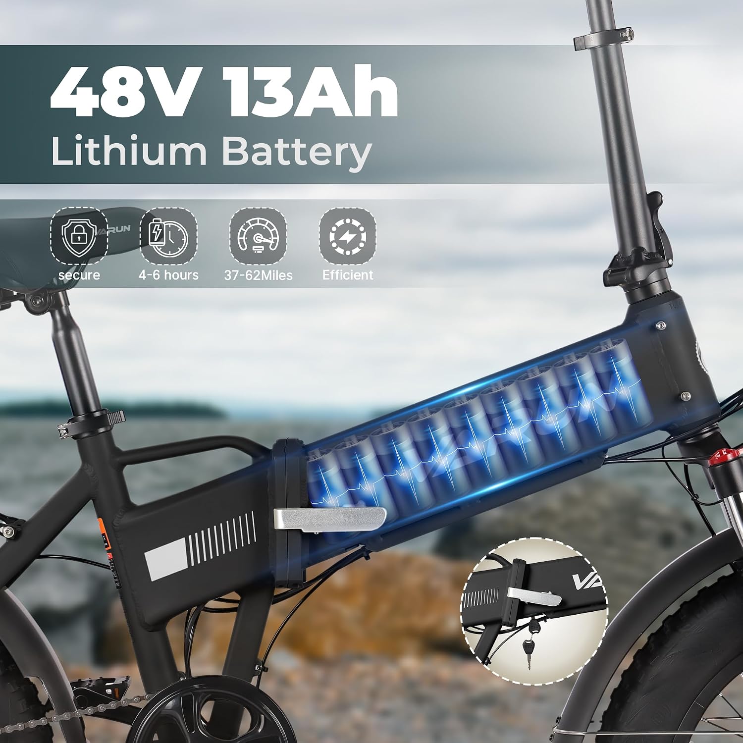VARUN Electric Bike - Peak 750W Adults Ebike Up to 80KM, 25MPH, 624Wh Anti-Theft Battery, Shock Absorber, Pedal-Assist Level, Portable 20' Fat Tire Ebike for Women & Men