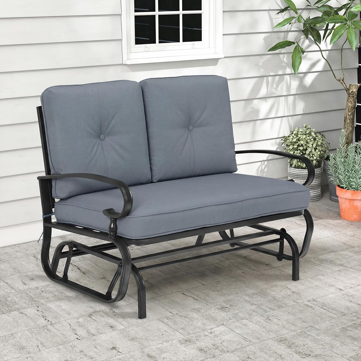 Tangkula Outdoor Swing Glider Chair, Patio Glider Bench for 2 Persons, Outdoor Rocking Loveseat with Steel Frame & Comfortable Cushions for Garden, Porch, Balcony, Poolside (Grey)