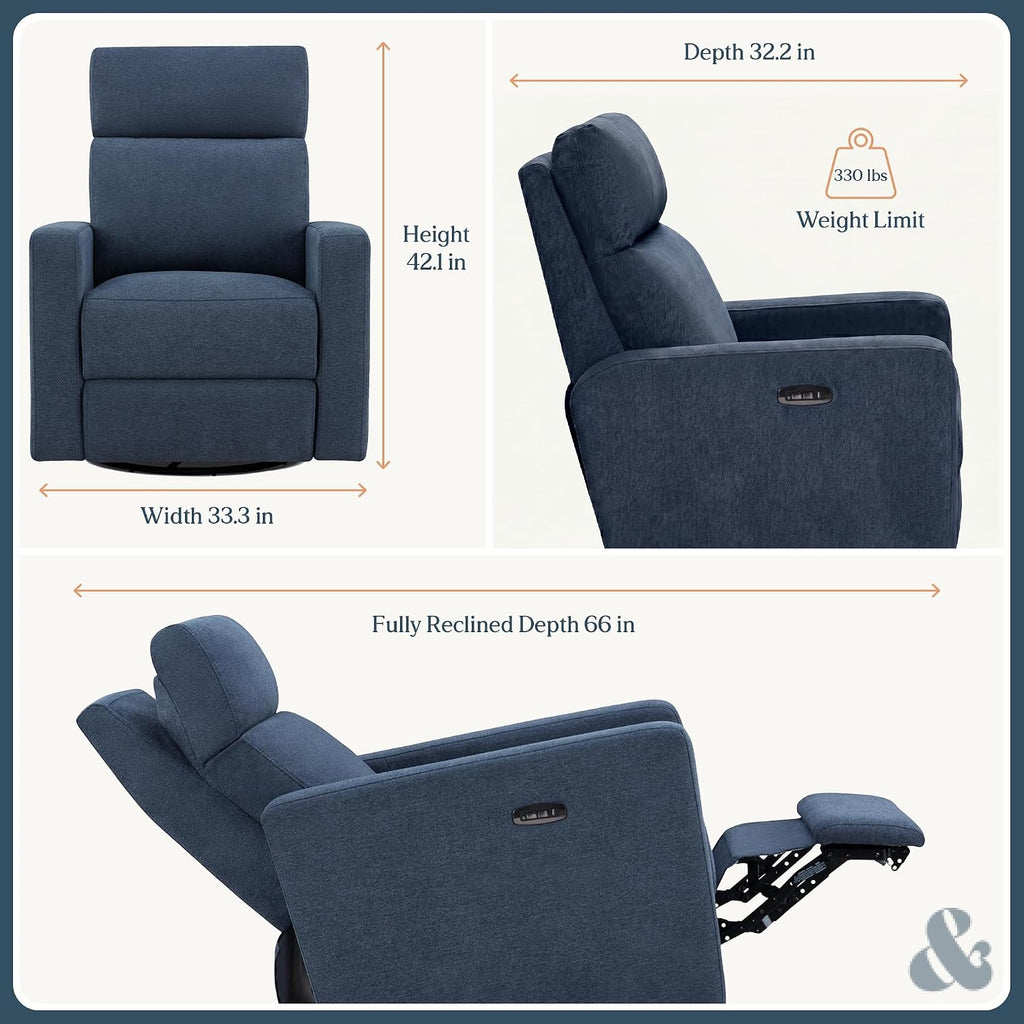 Nurture& The Glider Plus - Premium Nursery Power Recliner | Swivel Chair with Adjustable Head Support and Adjustable Lumbar Support | Built-in USB - The Ultimate Comfort for Nursing, Relaxing (Navy)