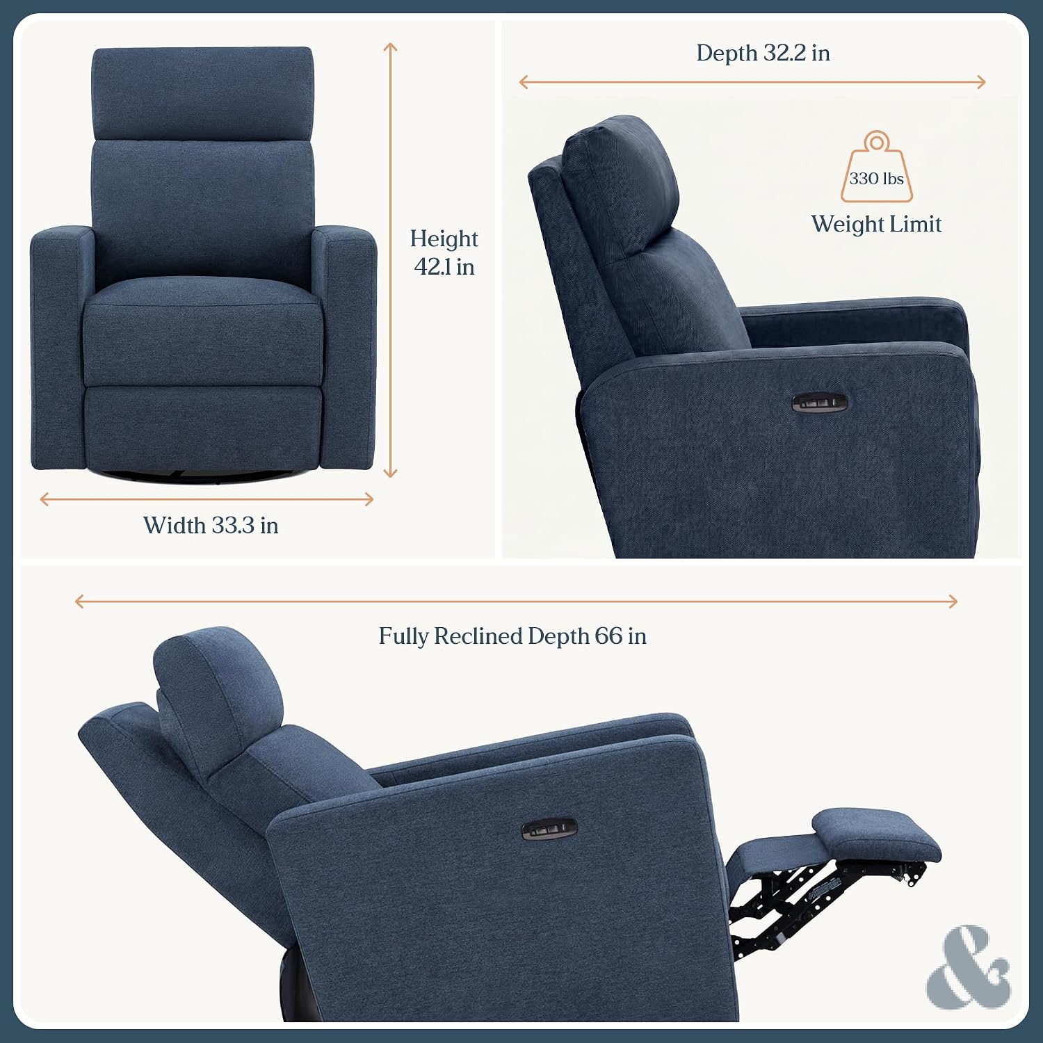Nurture& The Glider Plus - Premium Nursery Power Recliner | Swivel Chair with Adjustable Head Support and Adjustable Lumbar Support | Built-in USB - The Ultimate Comfort for Nursing, Relaxing (Navy)