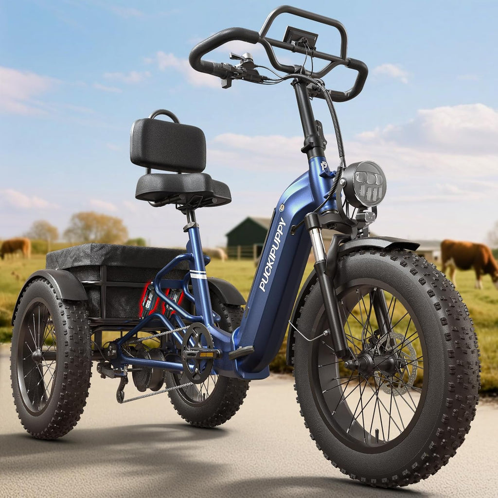 PUCKIPUPPY Electric Tricycle for Adults, Full Suspension & Reverse Gear 960W Peak Electric Trike Max 55 Miles