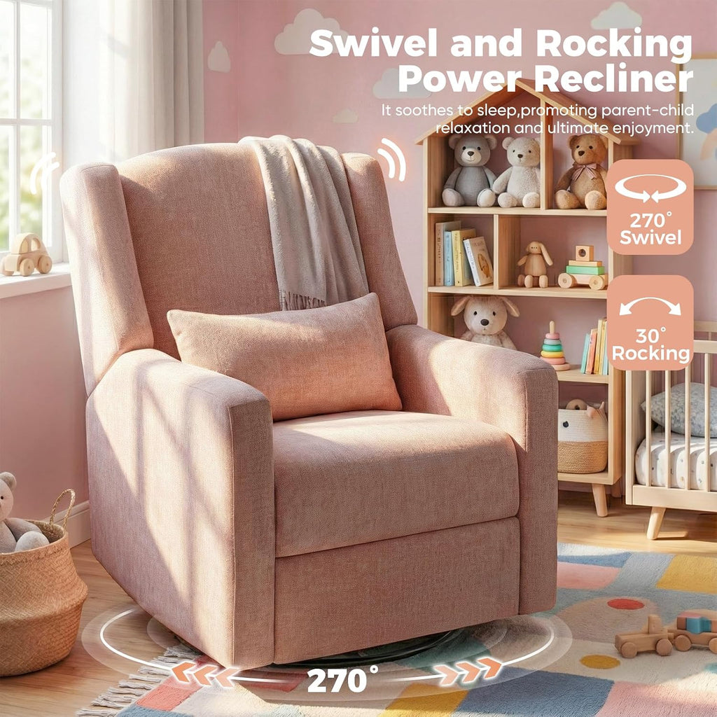 Power Glider Recliner Nursery Chair w/USB Ports, Soft Chenille Glider Rocking Chair for Nursery, Swivel Glider Chair with Lumbar Pillow for Living Room, Pink