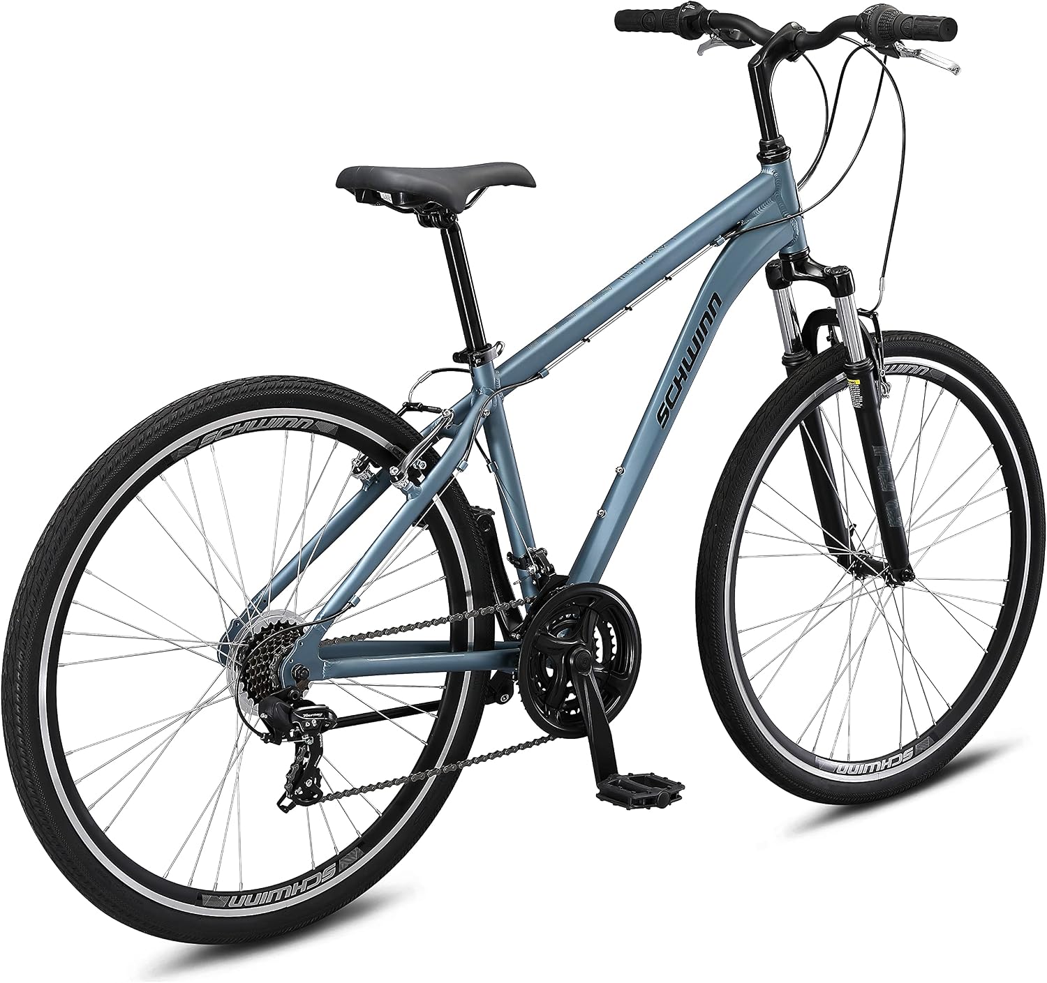 Schwinn Network 3.5 Hybrid Bike, Mens and Womens Bike, 21-Speed Hybrid Bicycle, Aluminum Frame, Suspension Seat, Alloy Linear Pull Brakes, Adult Bicycle