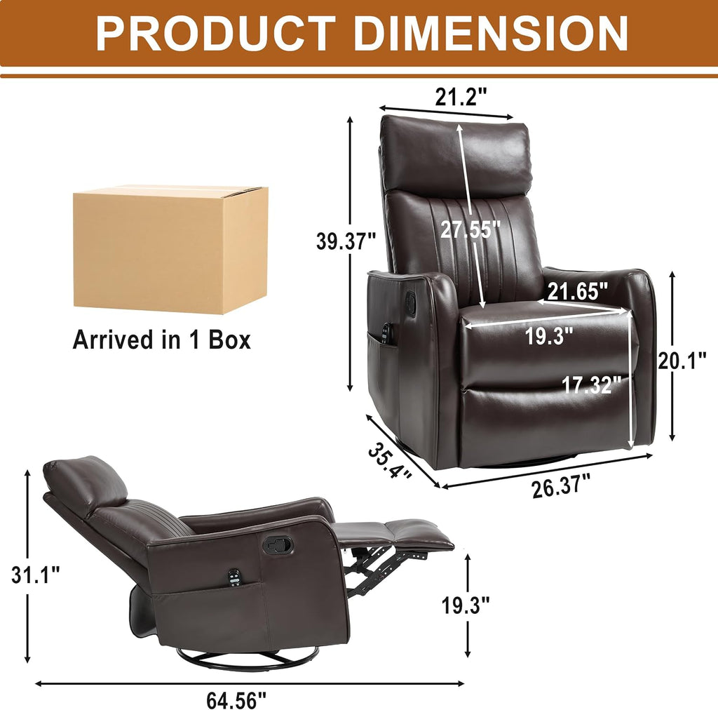 Manual Swivel Rocker Recliner Chair for Adults, Overstuffed Recliner Glider with Massage and Heat, Living Room Reclining Chair, PU Leather Dark Brown