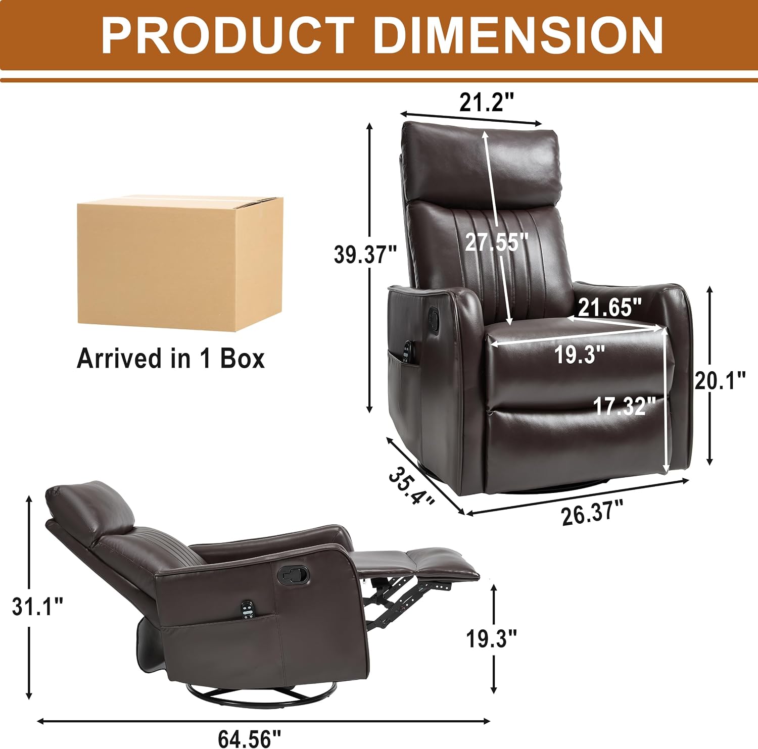 Manual Swivel Rocker Recliner Chair for Adults, Overstuffed Recliner Glider with Massage and Heat, Living Room Reclining Chair, PU Leather Dark Brown