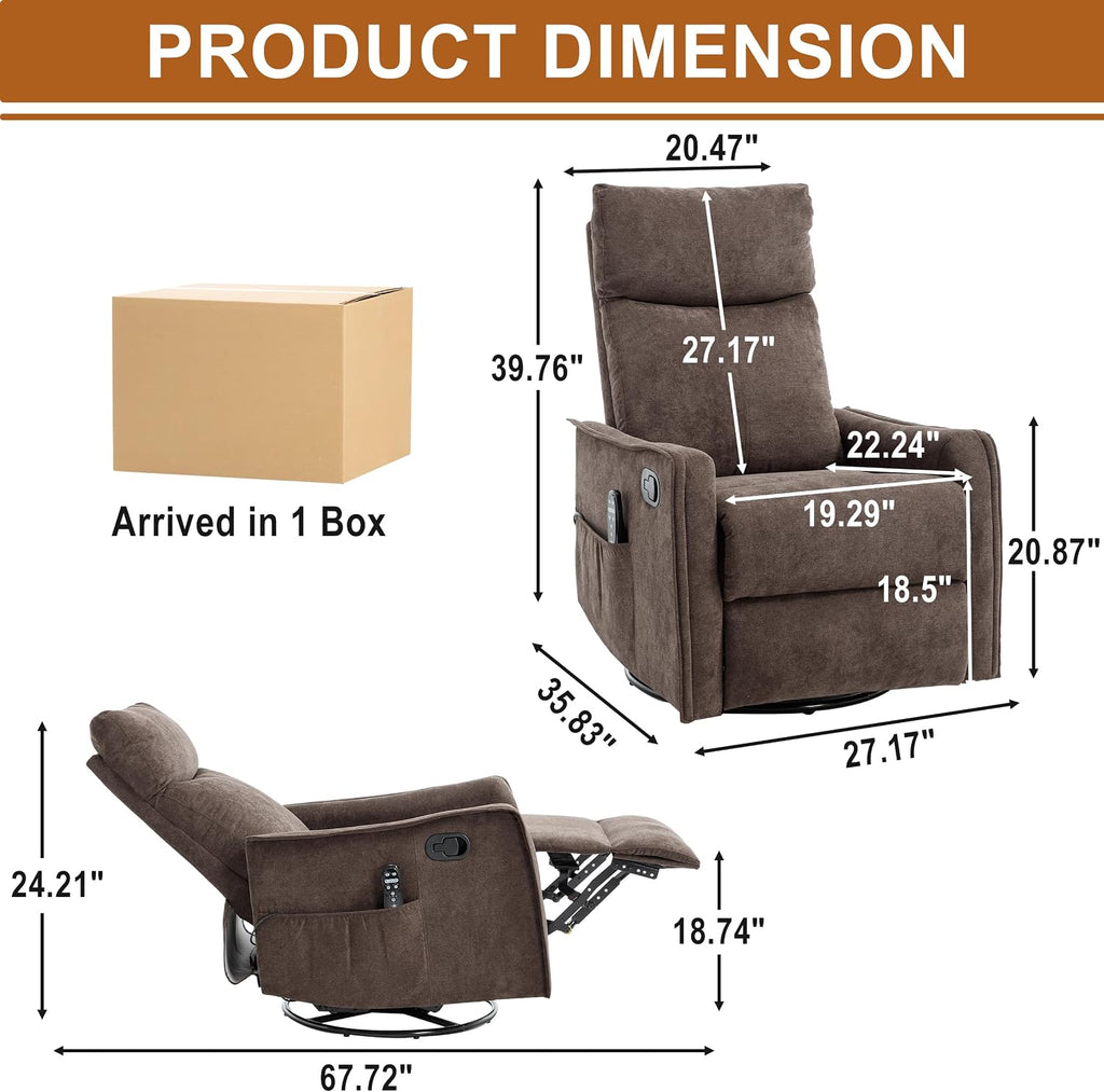 Manual 360° Swivel Rocker Recliner Chair for Adults, Overstuffed Glider Chair for Nursery with Vibration Massage & Heat, Comfy Soft Fabric Recliner Chair with Side Pockets for Living Room, Brown