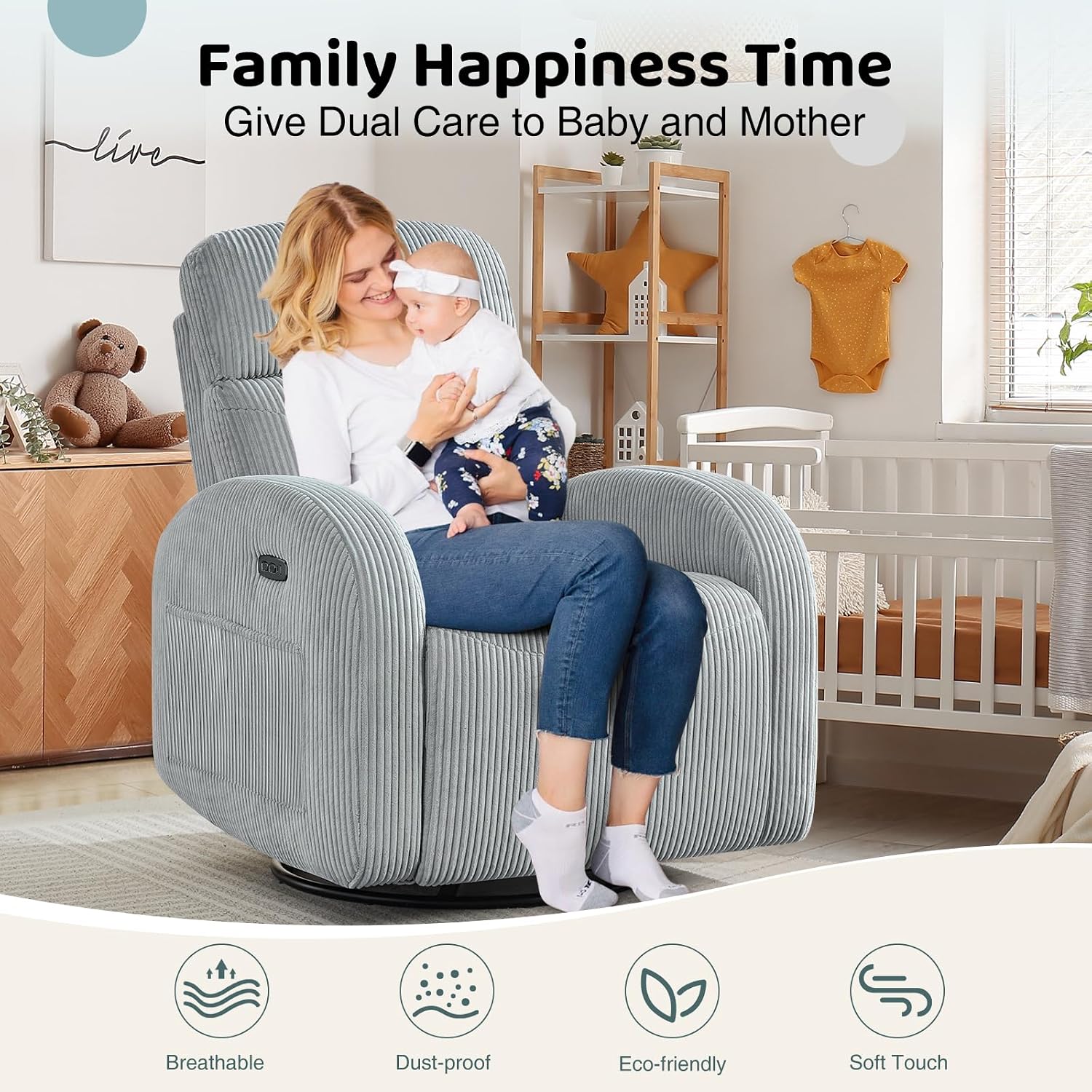 Power Nursery Glider Recliner, Swivel Glider Recliner with USB & Type-C Port, Swivel Reclining Nursery Rocker with Double Pockets for Living Room, Grey,Corduroy
