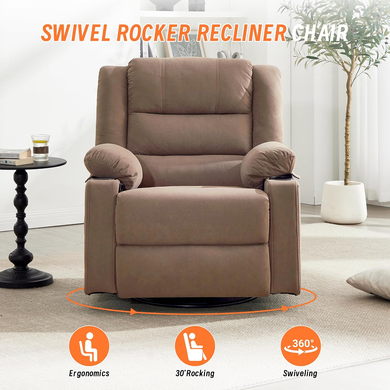 360°Swivel Rocker Recliner Chair for Adults,Manual Glider Recliner Sofa with Massage and Heating, Nursery Rocking Chairs with Cup Holds for Living Room Bedroom (Light Mocha)
