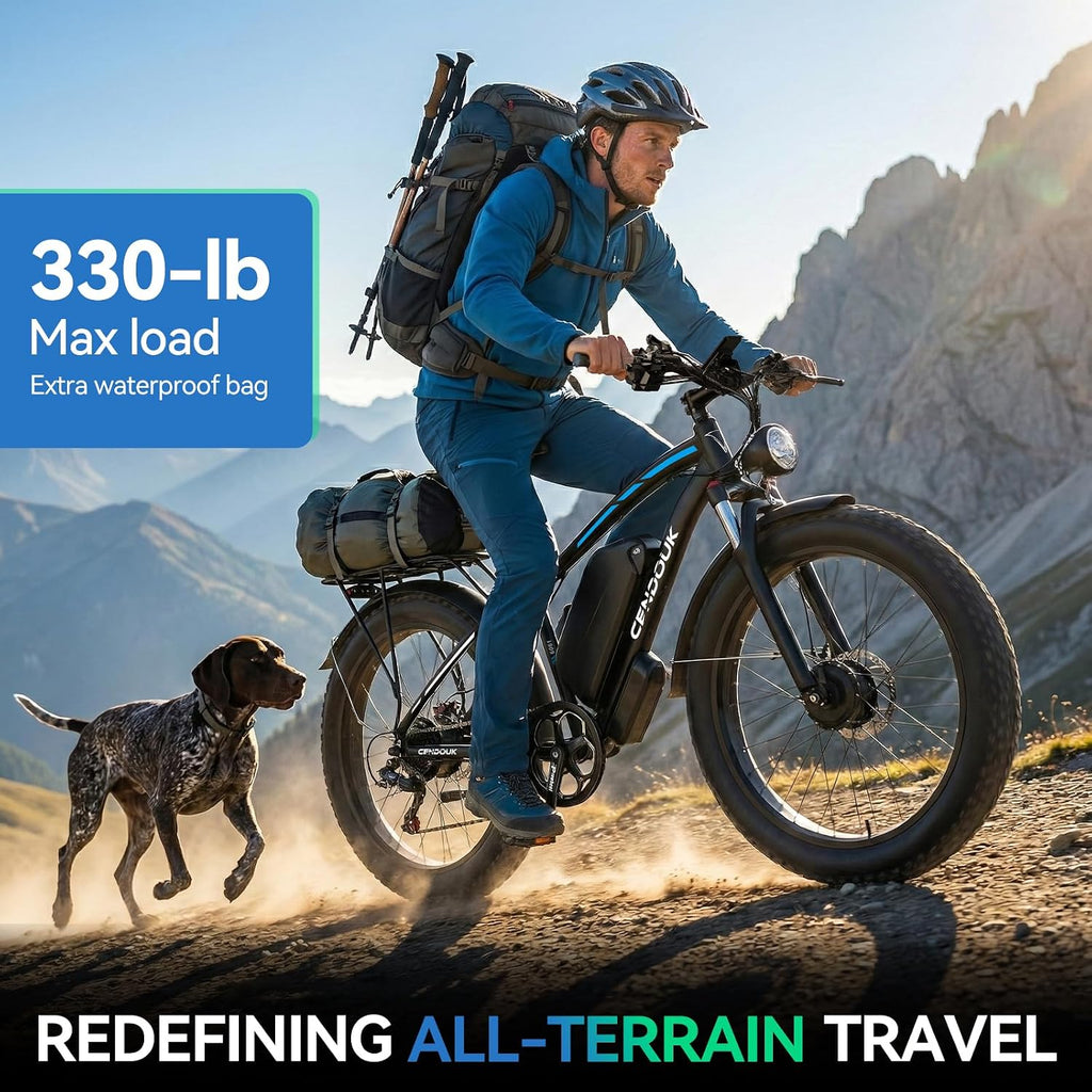Dual Motor Ebike 9000W Peak with 58V Max-Output 36AH Battery for Adults 24' Fat Tire Smart Display 47MPH 35-105Miles Electric Bike with Frame Bag for Travel
