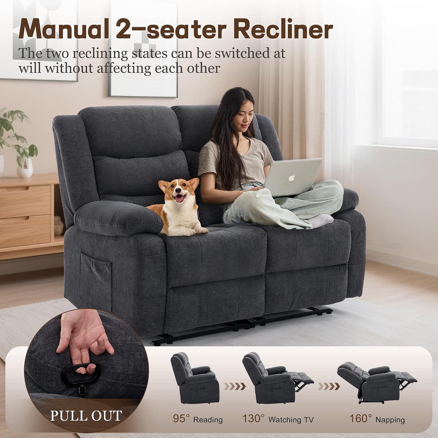 Korser Loveseat Recliner Sofa for RV Furniture and Theater Seating, Wall Hugger Loveseat Recliner, Oversized Loveseats Couch with Front Porckets&Side Pockets, Fabric, Grey